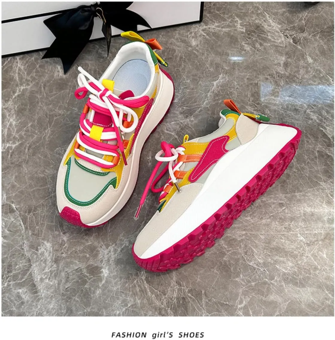 Women's Chunky Platform Sneakers Girl's Preppy Sport Walking Skate Shoes Lace Up Color Blocking Creative Heel Students