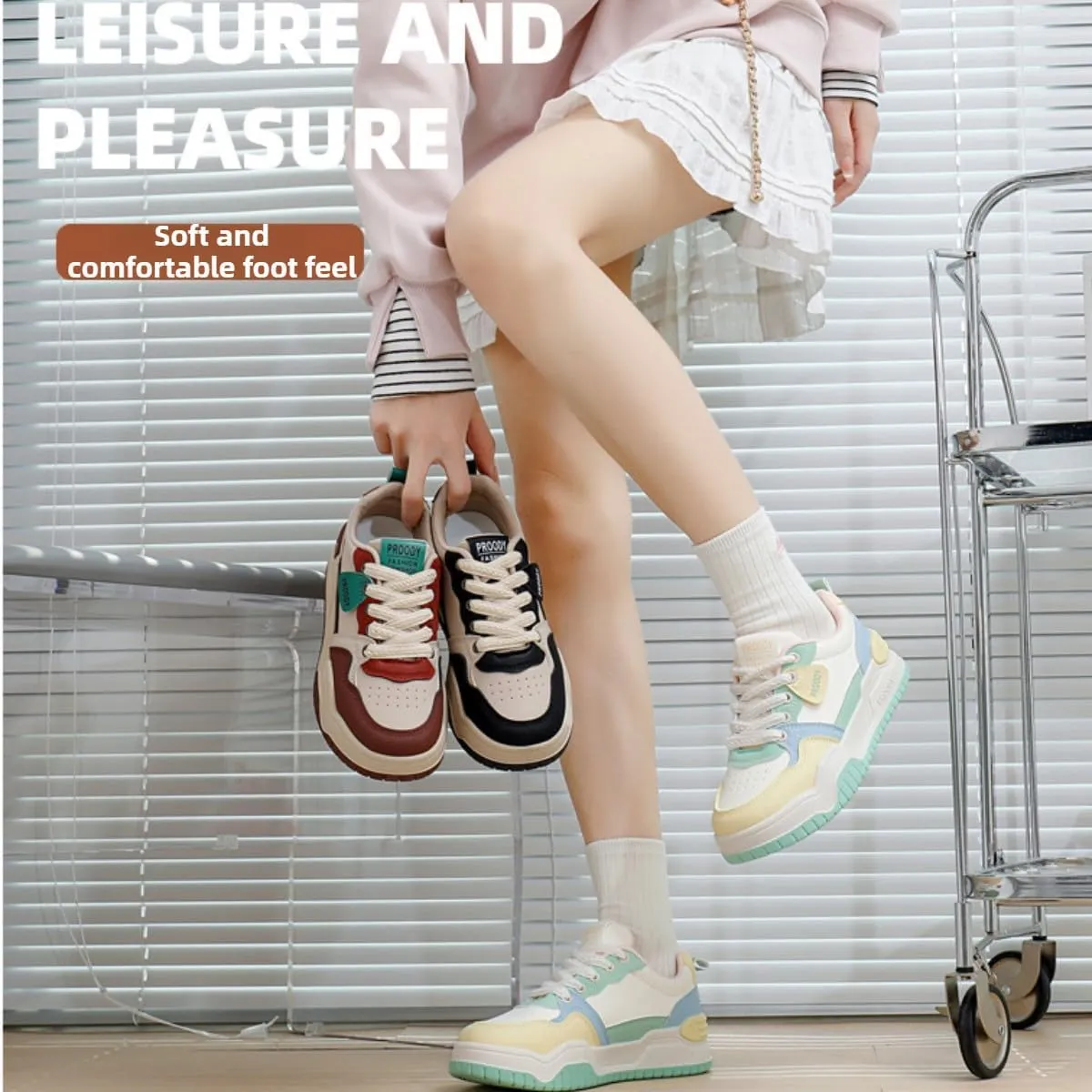 Women's Chunky Platform Sneakers Preppy Sport Thick Sole Walking Skate Shoes Lace Up Breathable Color Block for Girl