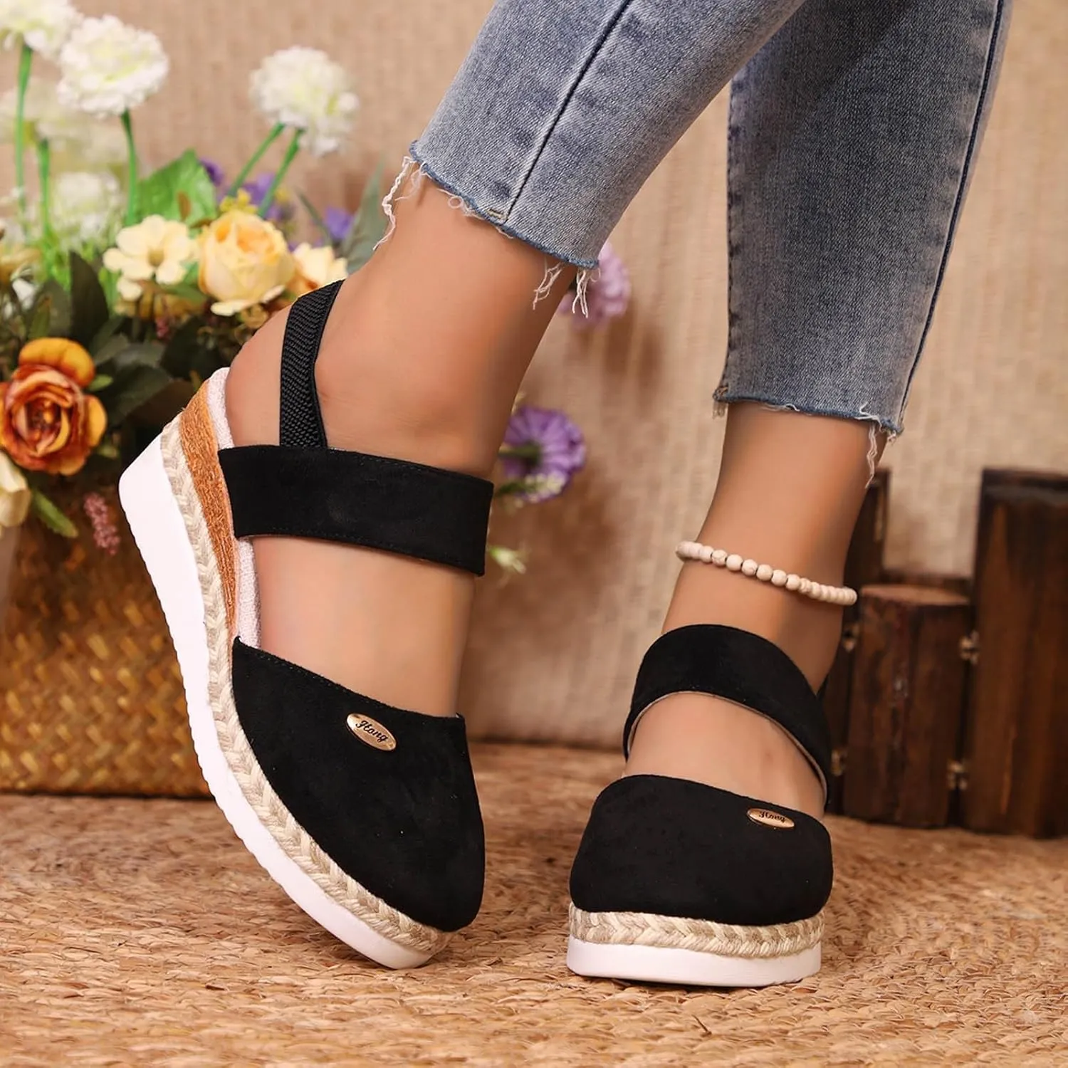 Womens Closed Toe Elastic Ankle Strap Espadrilles Wedge Sandals Orthopedic Platform Wedge Espadrilles Ankle Strap Sandals Comfortable Anti Slip Beach Casual Shoes