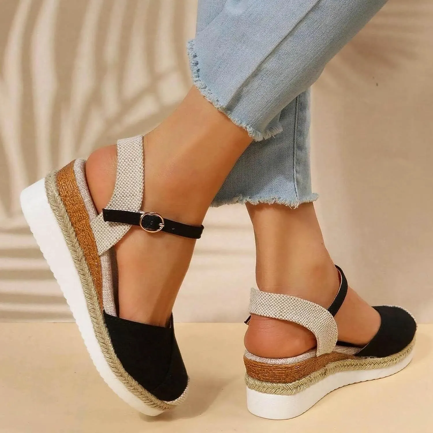 Women's Closed Toe Platform Sandals Summer Buckle Ankle Strap Espadrilles Wedges for Women, Comfortable Anti Slip Beach Walking Shoes Platform Espadrilles Sandal Fashion Dress Shoes