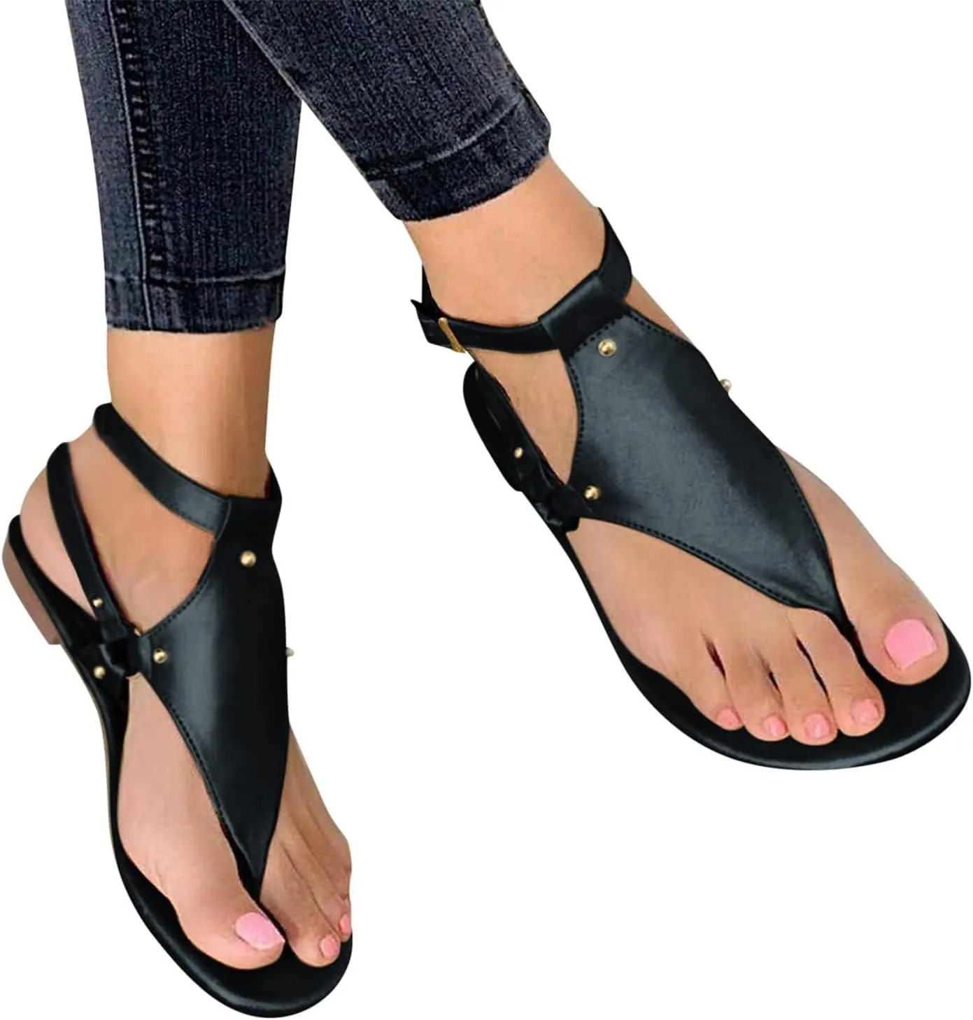 Women's Elastic Strappy Thong Ankle Strap Summer Gladiator Sandals T-Strap Walking Thong Sandals for Women, Beach Flat Walking Shoes Comfortable Slip on Dress Shoes
