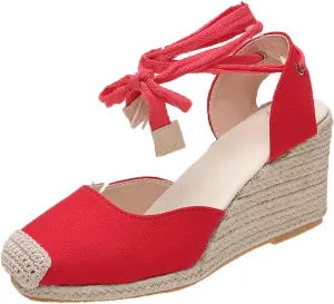 Womens Espadrilles Wedge Sandals Lace Up Closed Toe Heels Tie Ankle Strap Summer Dress Shoes Dressy High Heel Beach Sandal Casual Strappy Slip on Sandals
