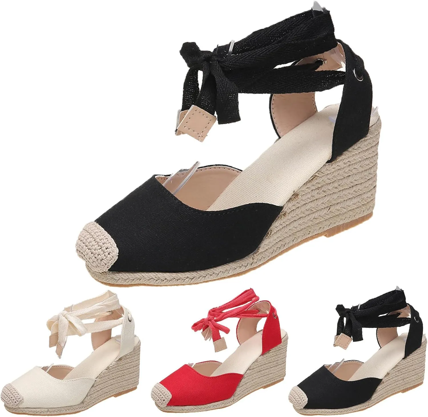 Womens Espadrilles Wedge Sandals Lace Up Closed Toe Heels Tie Ankle Strap Summer Dress Shoes Dressy High Heel Beach Sandal Casual Strappy Slip on Sandals