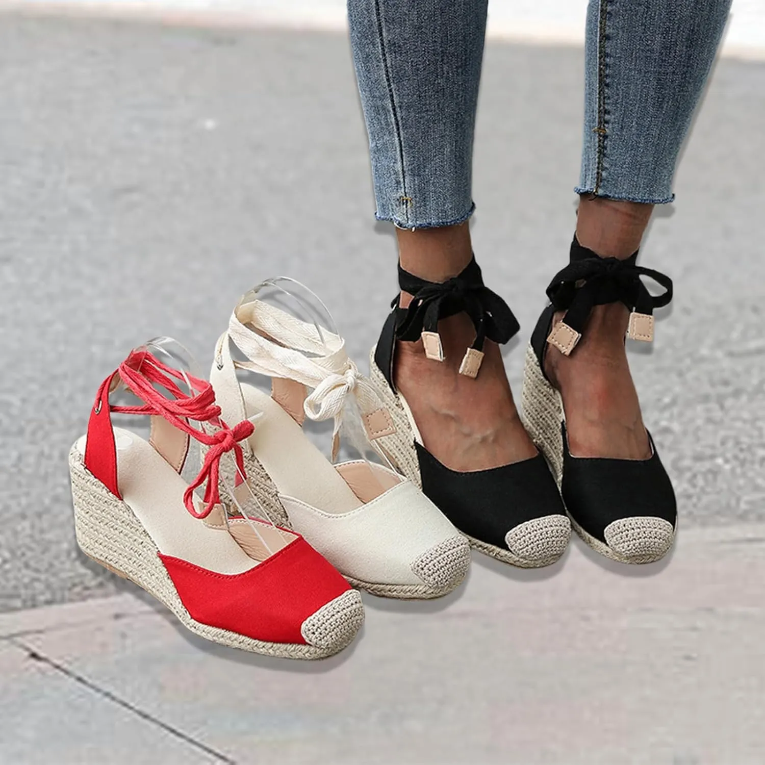 Womens Espadrilles Wedge Sandals Lace Up Closed Toe Heels Tie Ankle Strap Summer Dress Shoes Dressy High Heel Beach Sandal Casual Strappy Slip on Sandals