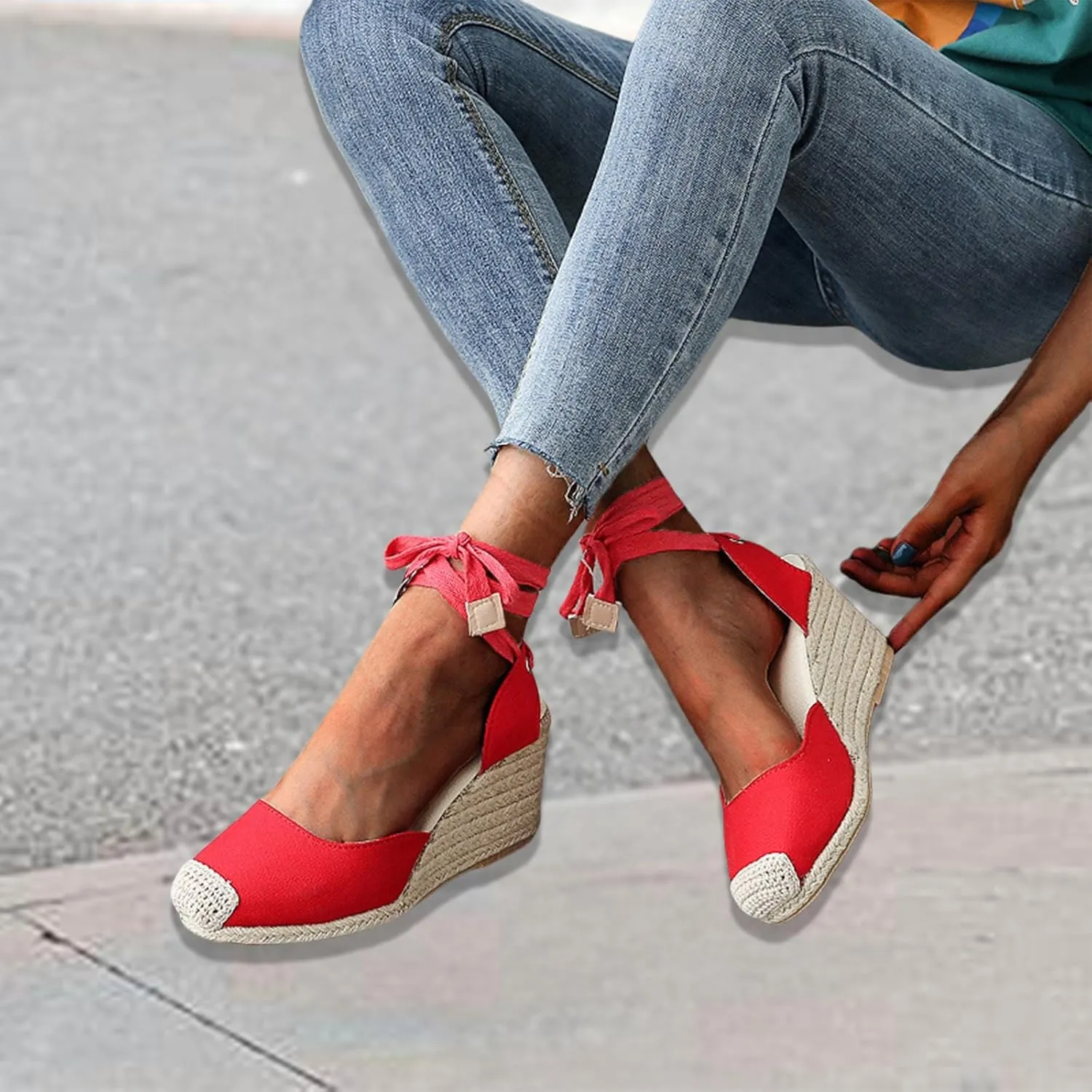 Womens Espadrilles Wedge Sandals Lace Up Closed Toe Heels Tie Ankle Strap Summer Dress Shoes Dressy High Heel Beach Sandal Casual Strappy Slip on Sandals
