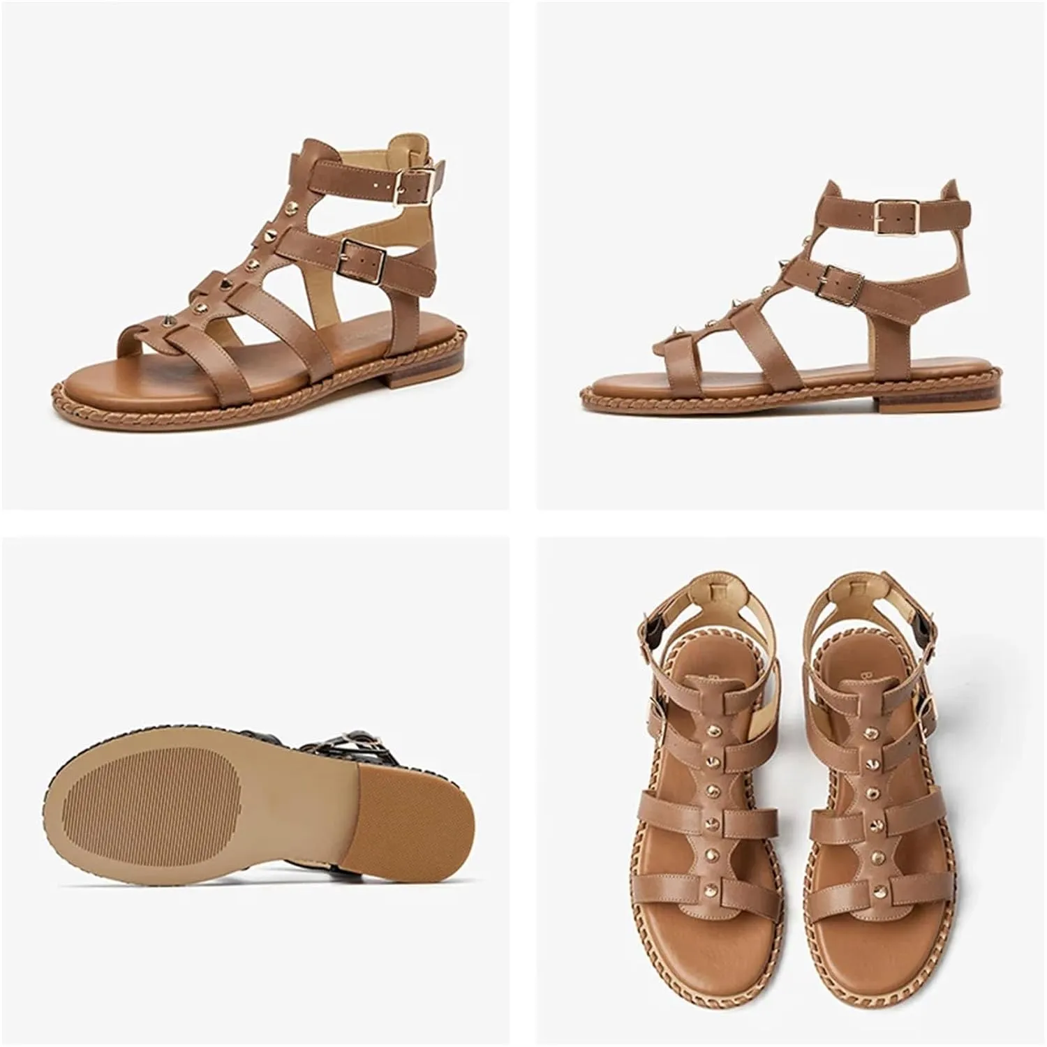 Women's Gladiator Double Buckle Sandals - Metal Decor Calfskin Summer Shoes