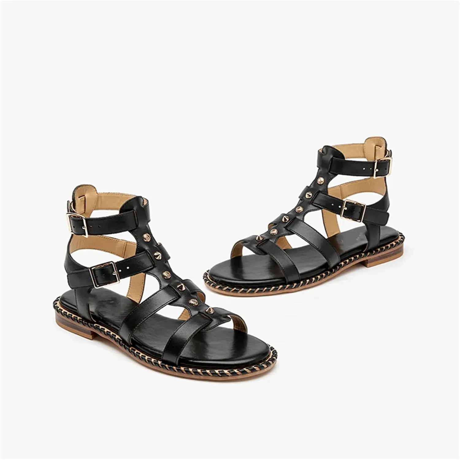 Women's Gladiator Double Buckle Sandals - Metal Decor Calfskin Summer Shoes