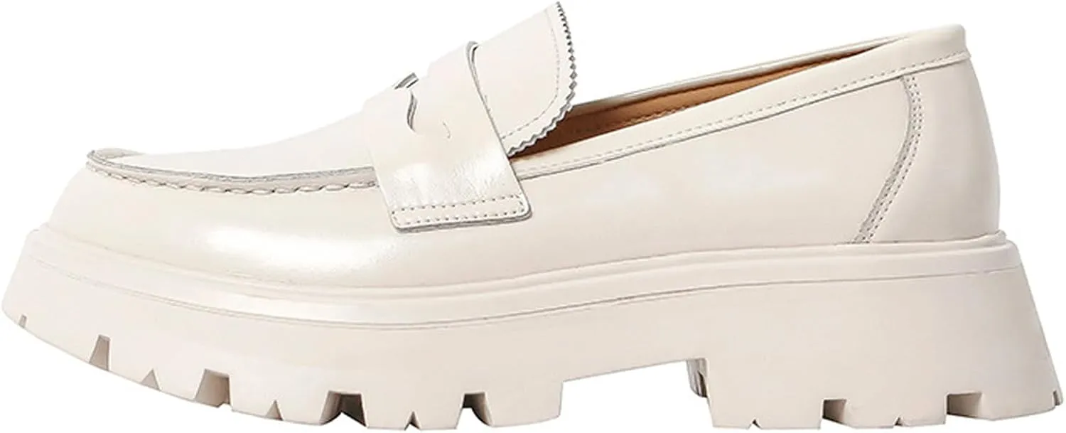 Women's Leather Chunky Platform Penny Loafers Comfortable Round Toe Slip On Lug Sole Business Work Dress Shoes