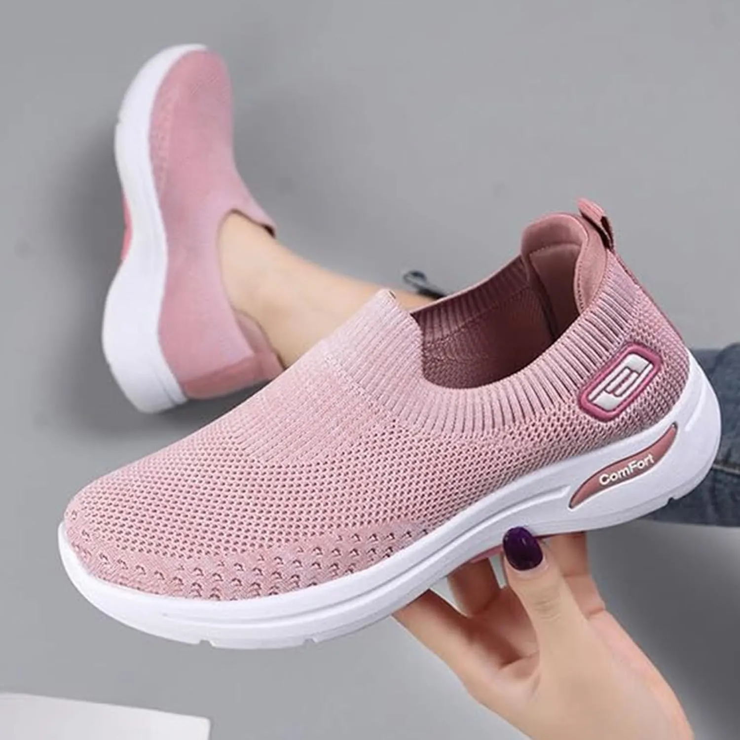 Womens Orthopedic Shoes Breathable Lightweight with Arch Support Sneakers Soft Knitted Slip-On Running Jogging Shoe Casual Comfortable Slip Ins Workout Tennis Shoes Mesh Trainers