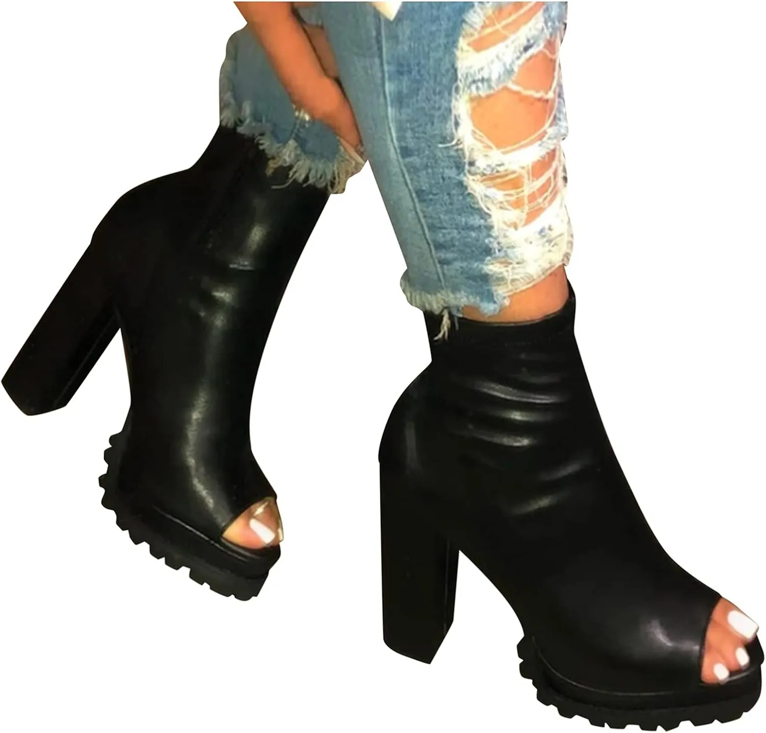 Women's Platform Open Toe Ankle Booties Chunky High Heel Booties Zipper Leather Short boots