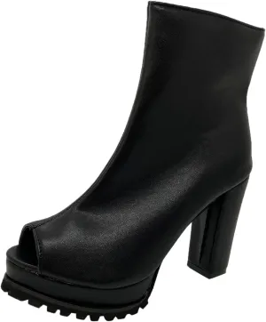 Women's Platform Open Toe Ankle Booties Chunky High Heel Booties Zipper Leather Short boots