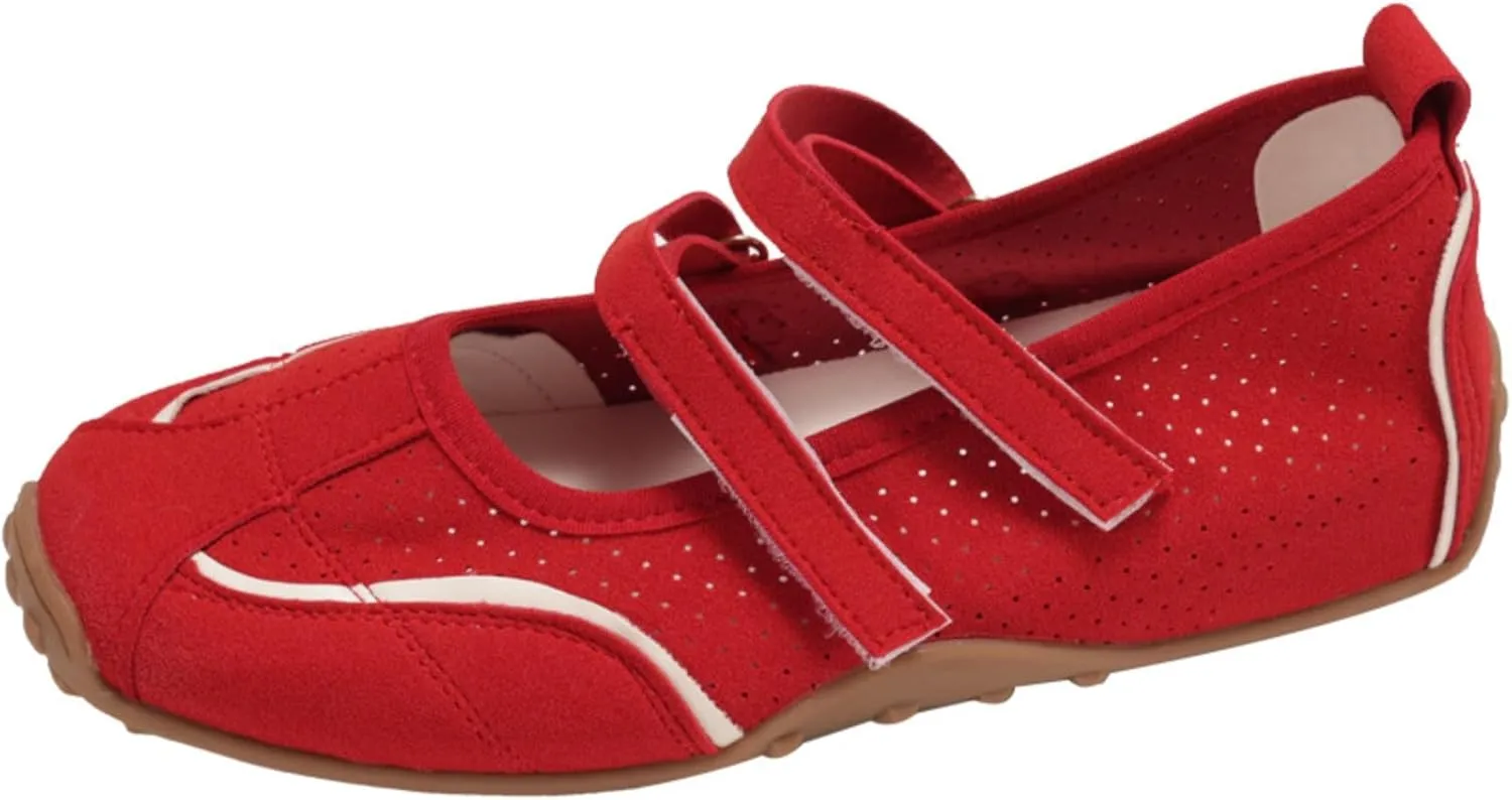 Women's Retro Ballet Flat Sneakers - Adjustable Strap Comfortable Shoes, Lightweight Breathable Skate-Inspired Sneakers for Casual Wear Vintage Fashion Sneakers