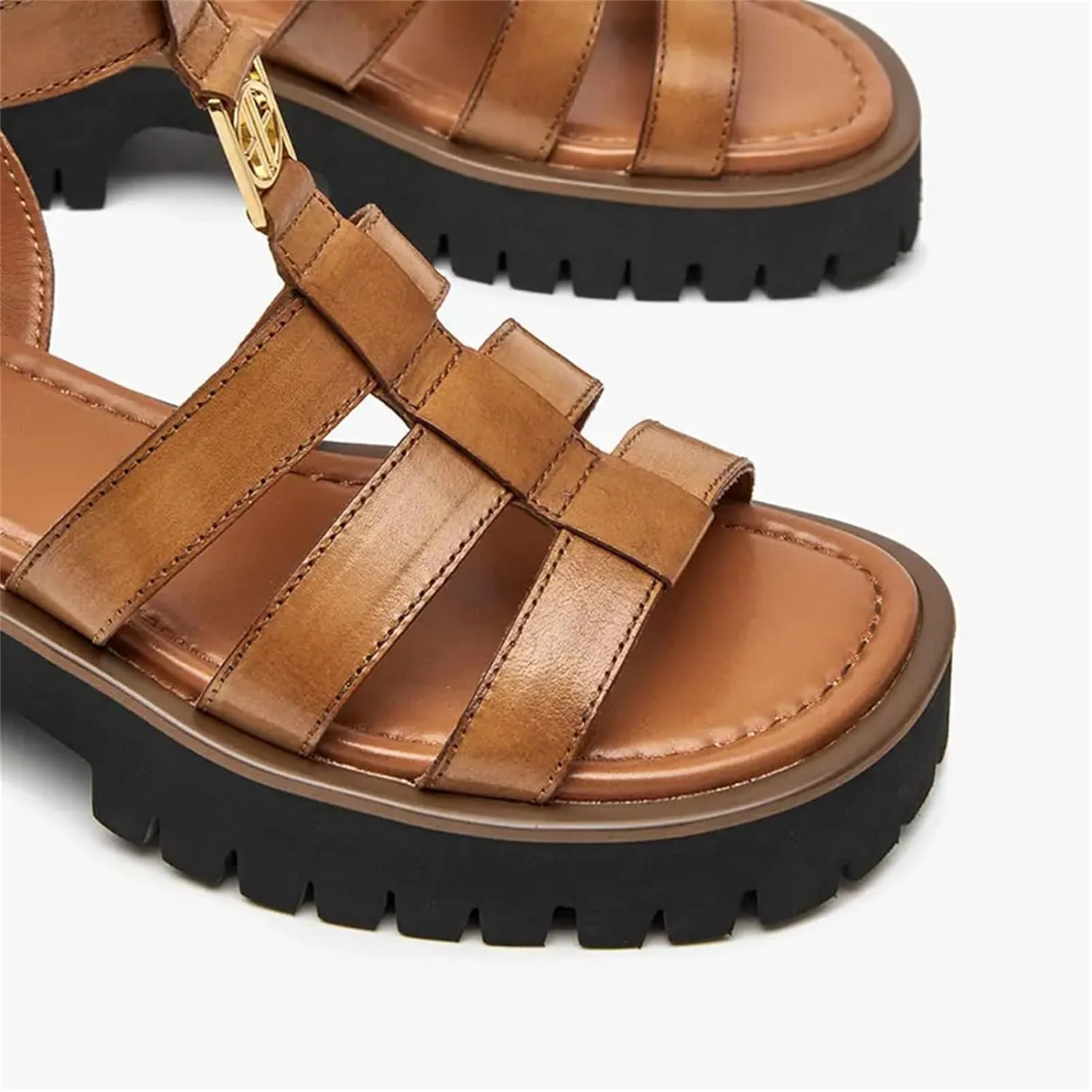 Women's Round Toe Gladiator Sandals - Ankle Buckle Leather Platform Summer