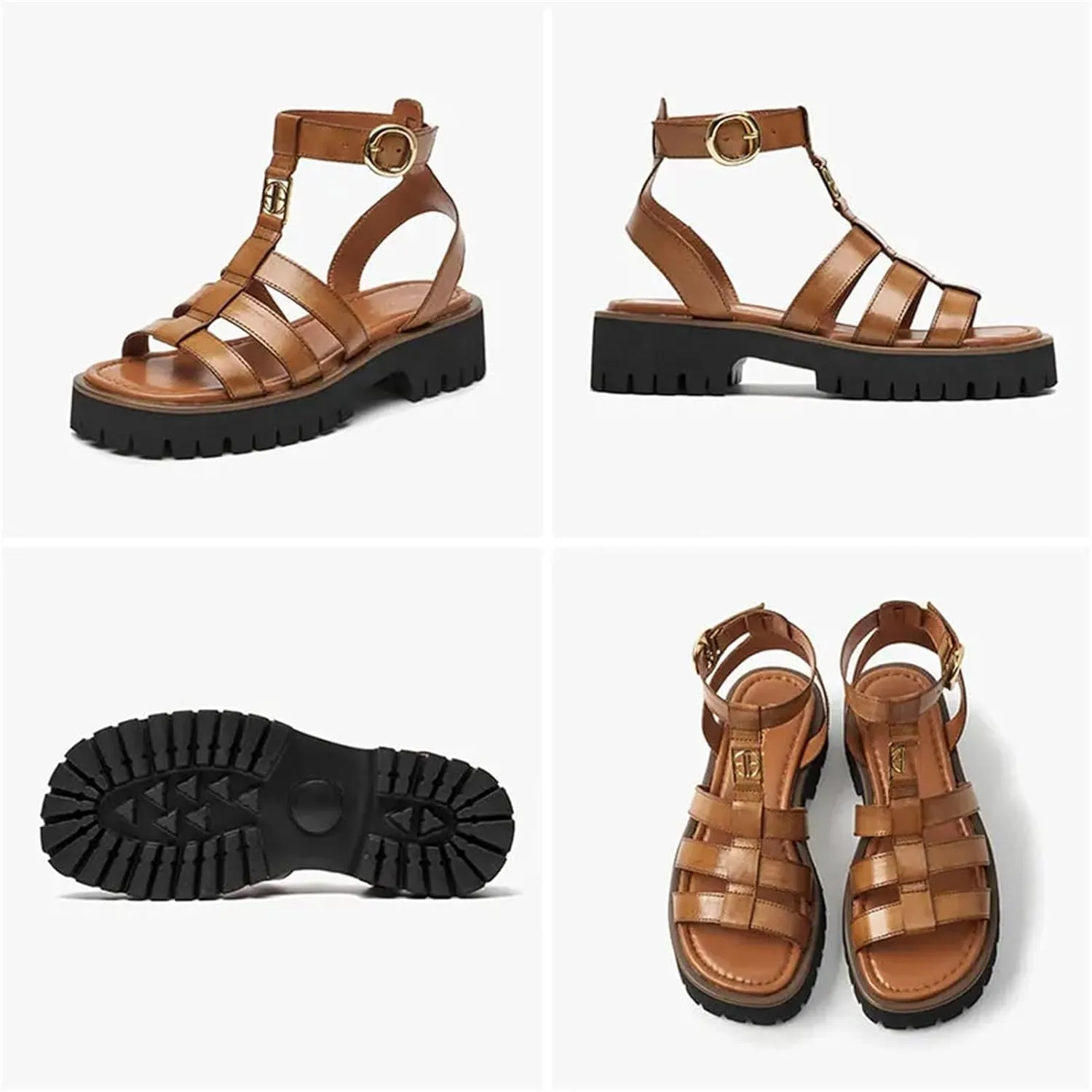 Women's Round Toe Gladiator Sandals - Ankle Buckle Leather Platform Summer