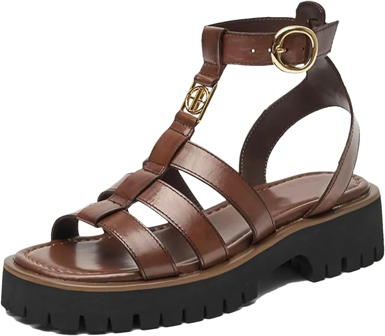 Women's Round Toe Gladiator Sandals - Ankle Buckle Leather Platform Summer