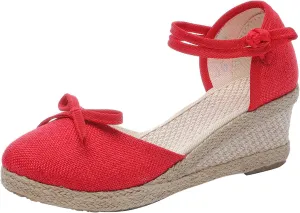 Women's Sandals High Heel Platform Bohemian Elastic Ankle Strap Closed Toe Summer Wedding Party Dress Shoes