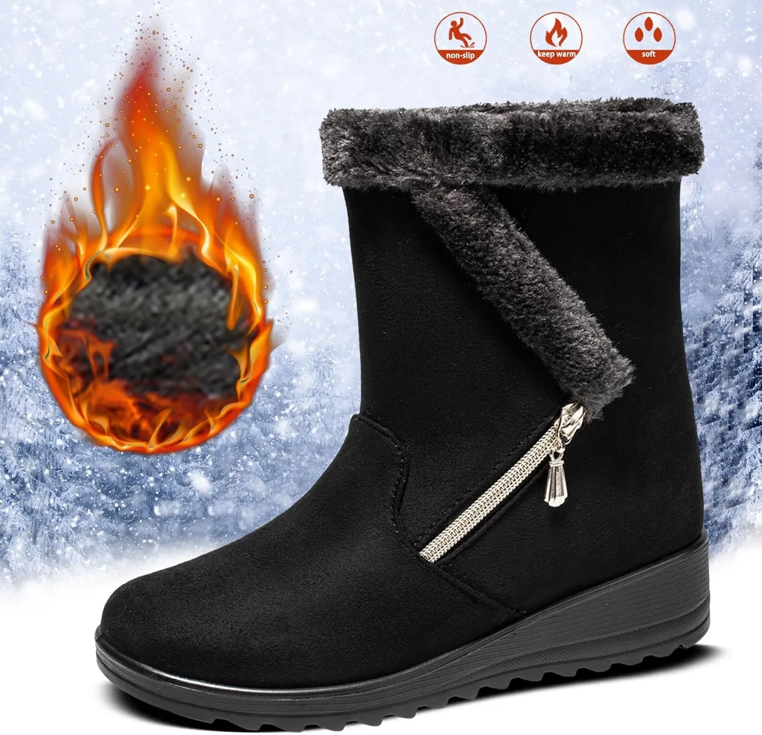 Womens Snow BootsWinter Boots for Women Fashion Women Winter Flock Wedges Warm Snow Comfortable Thick Bottom Shoes