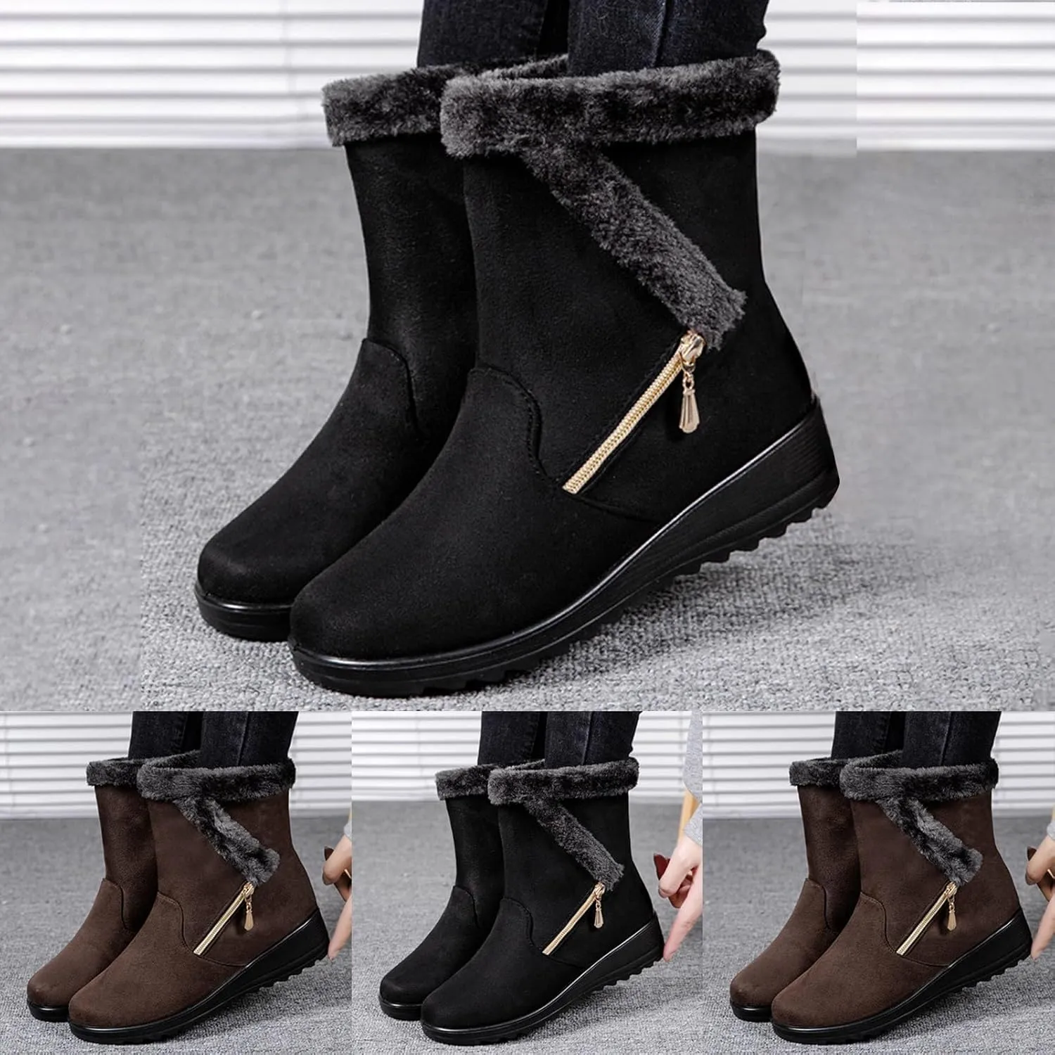 Womens Snow BootsWinter Boots for Women Fashion Women Winter Flock Wedges Warm Snow Comfortable Thick Bottom Shoes