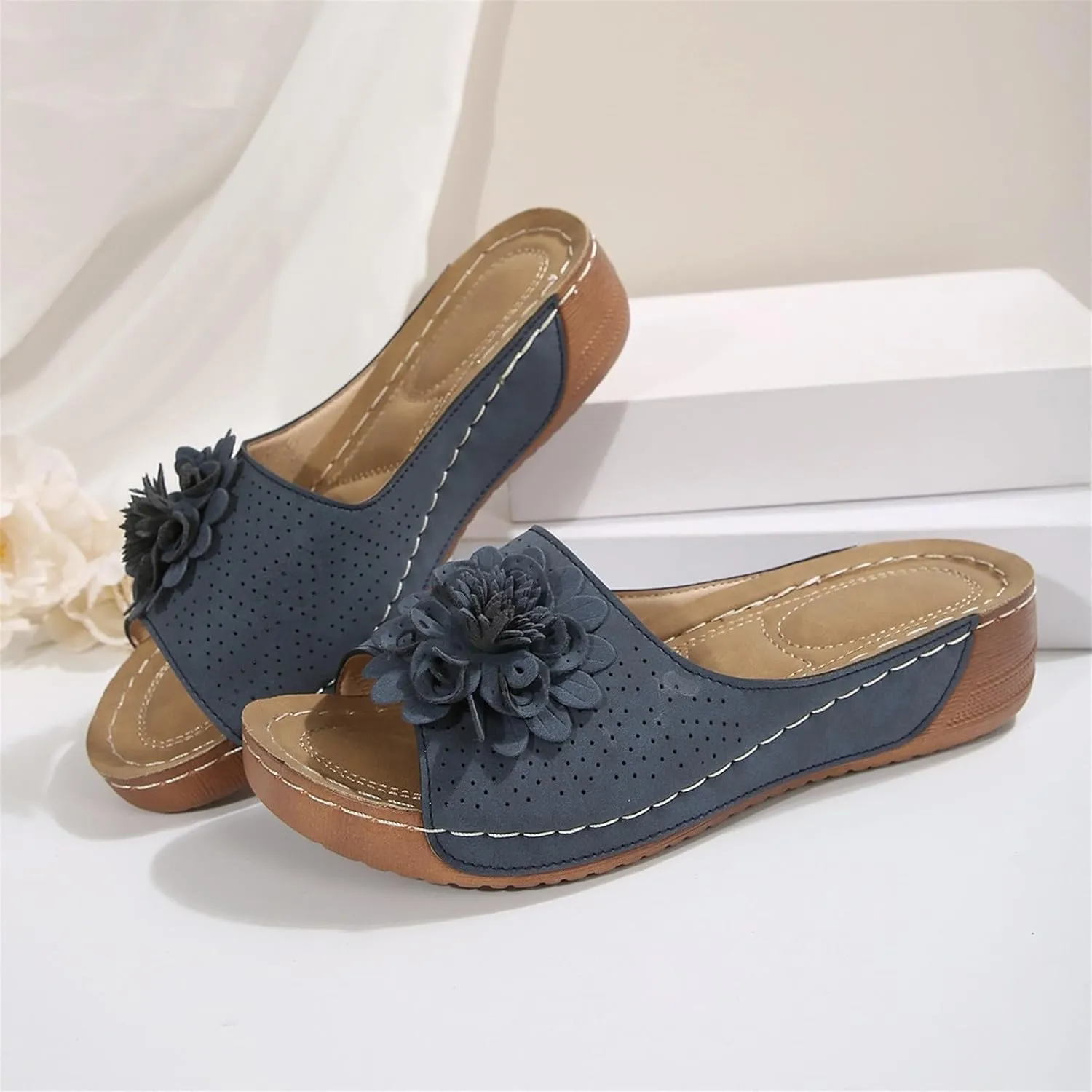 Womens Summer Low Wedge Sandals Retro Bohemian Suede Leather Floral Breathable Slip On Slipper Comfortable Orthopedic Arch Support Open Toe Slide Platform Beach Sandals