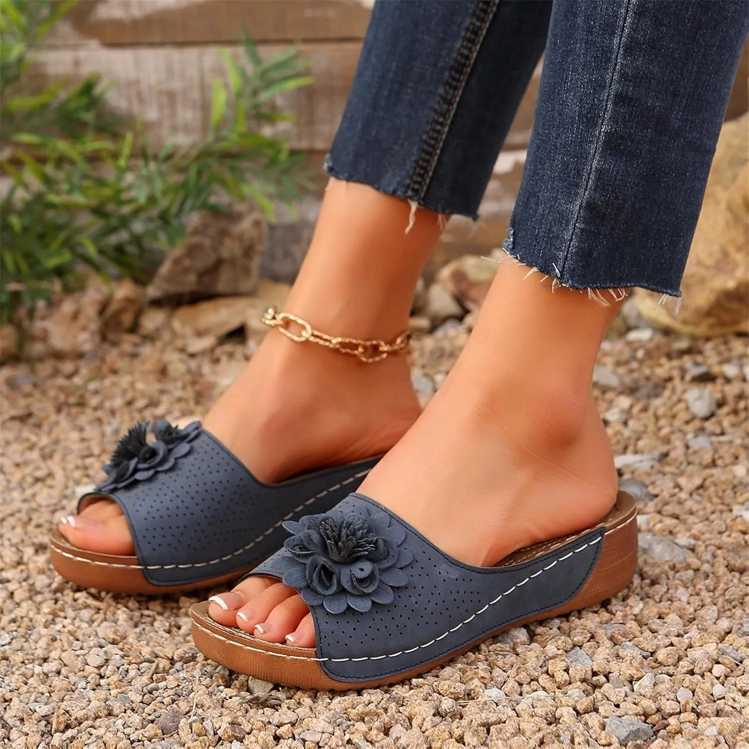 Womens Summer Low Wedge Sandals Retro Bohemian Suede Leather Floral Breathable Slip On Slipper Comfortable Orthopedic Arch Support Open Toe Slide Platform Beach Sandals