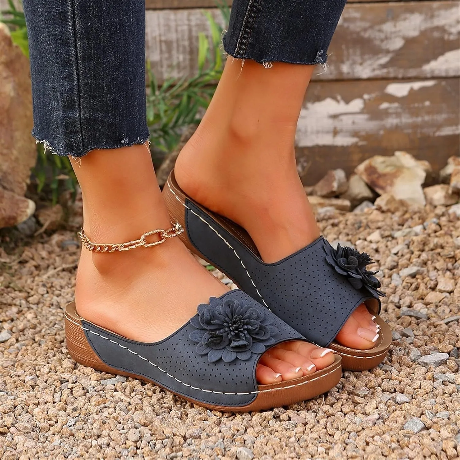 Womens Summer Low Wedge Sandals Retro Bohemian Suede Leather Floral Breathable Slip On Slipper Comfortable Orthopedic Arch Support Open Toe Slide Platform Beach Sandals