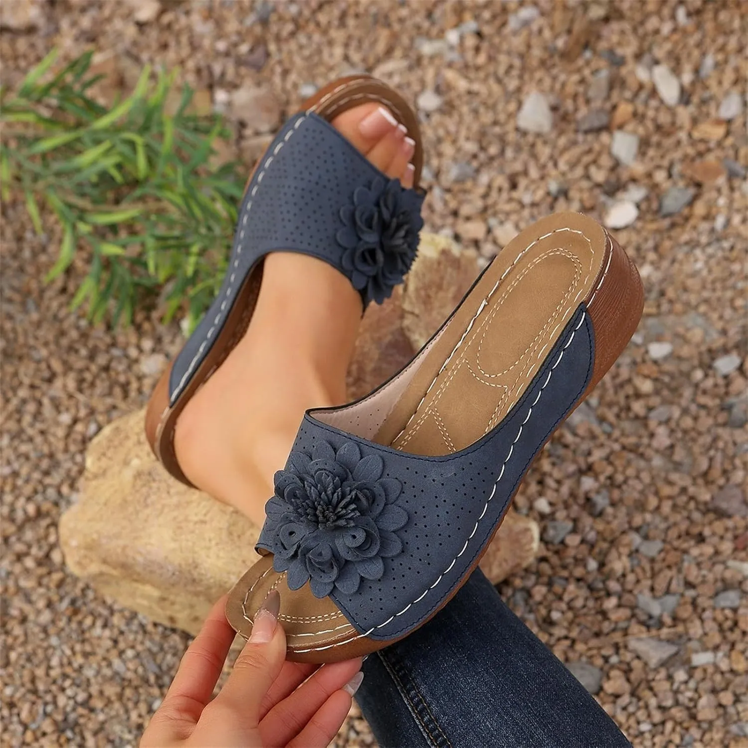 Womens Summer Low Wedge Sandals Retro Bohemian Suede Leather Floral Breathable Slip On Slipper Comfortable Orthopedic Arch Support Open Toe Slide Platform Beach Sandals