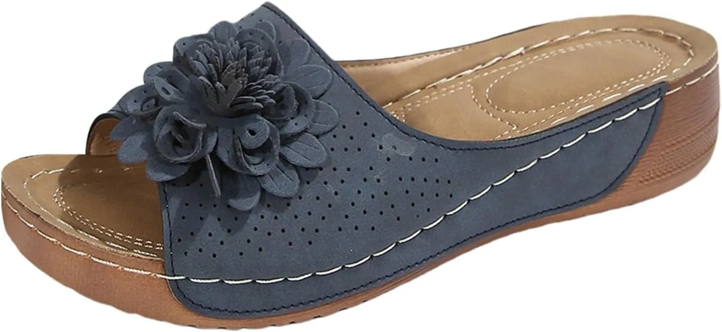 Womens Summer Low Wedge Sandals Retro Bohemian Suede Leather Floral Breathable Slip On Slipper Comfortable Orthopedic Arch Support Open Toe Slide Platform Beach Sandals