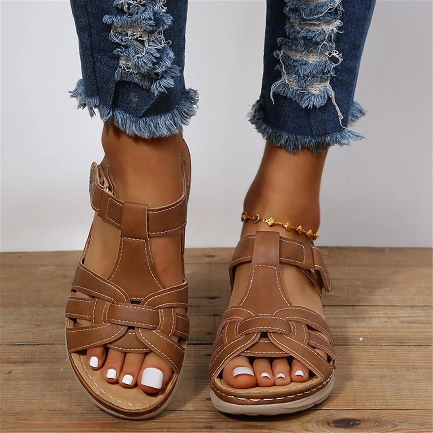Womens Summer Sandals Casual Bohemia Gladiator Closed Toe Slip On Wedge Shoes Comfort Ankle Strap Platform Sandals