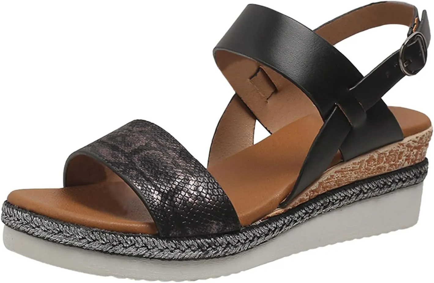 Womens Water Sandal Ladies Fashion Lines Print Leather Open Toe Buckle Sloping Heel Thick Sole Sandals (Black, 7.5)