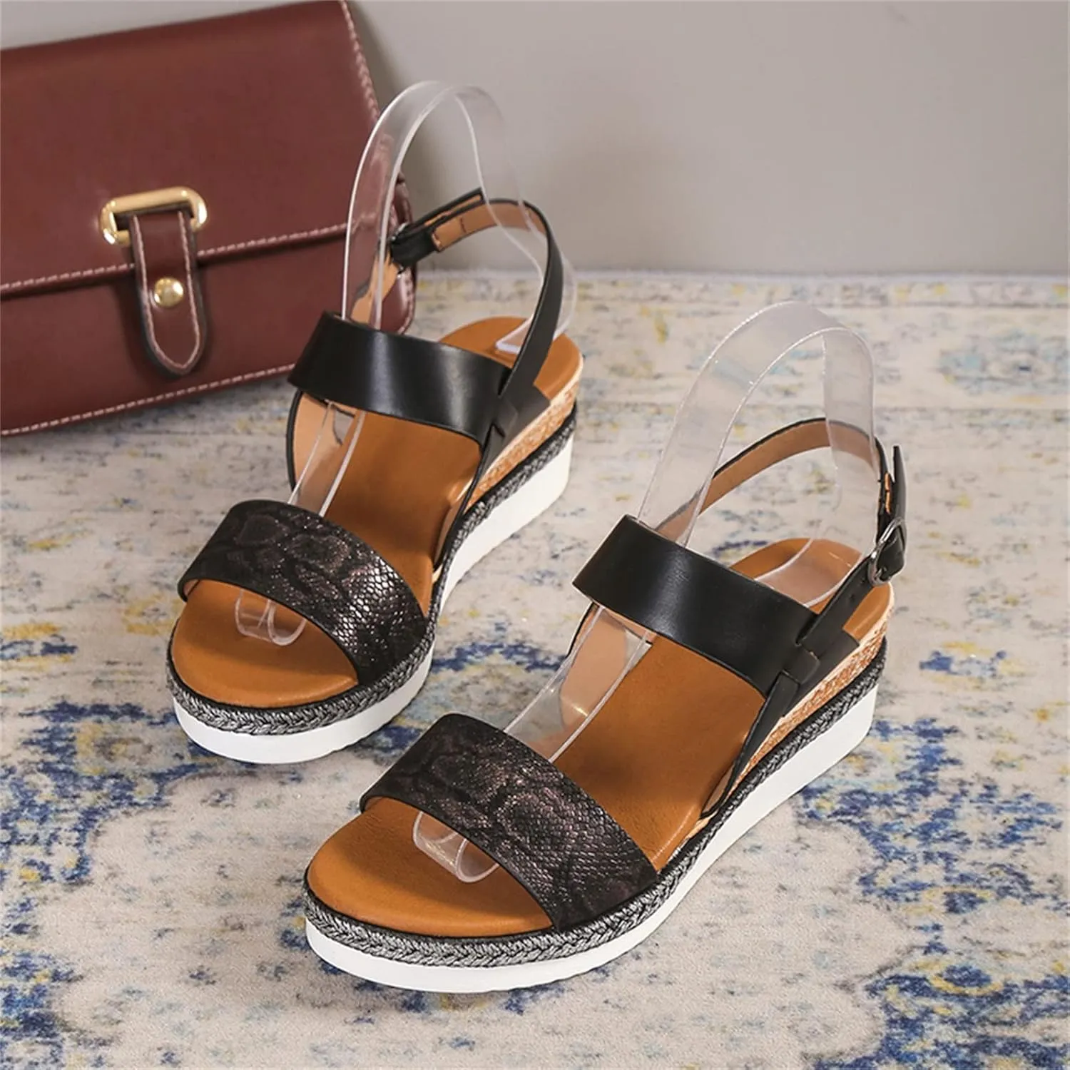 Womens Water Sandal Ladies Fashion Lines Print Leather Open Toe Buckle Sloping Heel Thick Sole Sandals (Black, 7.5)