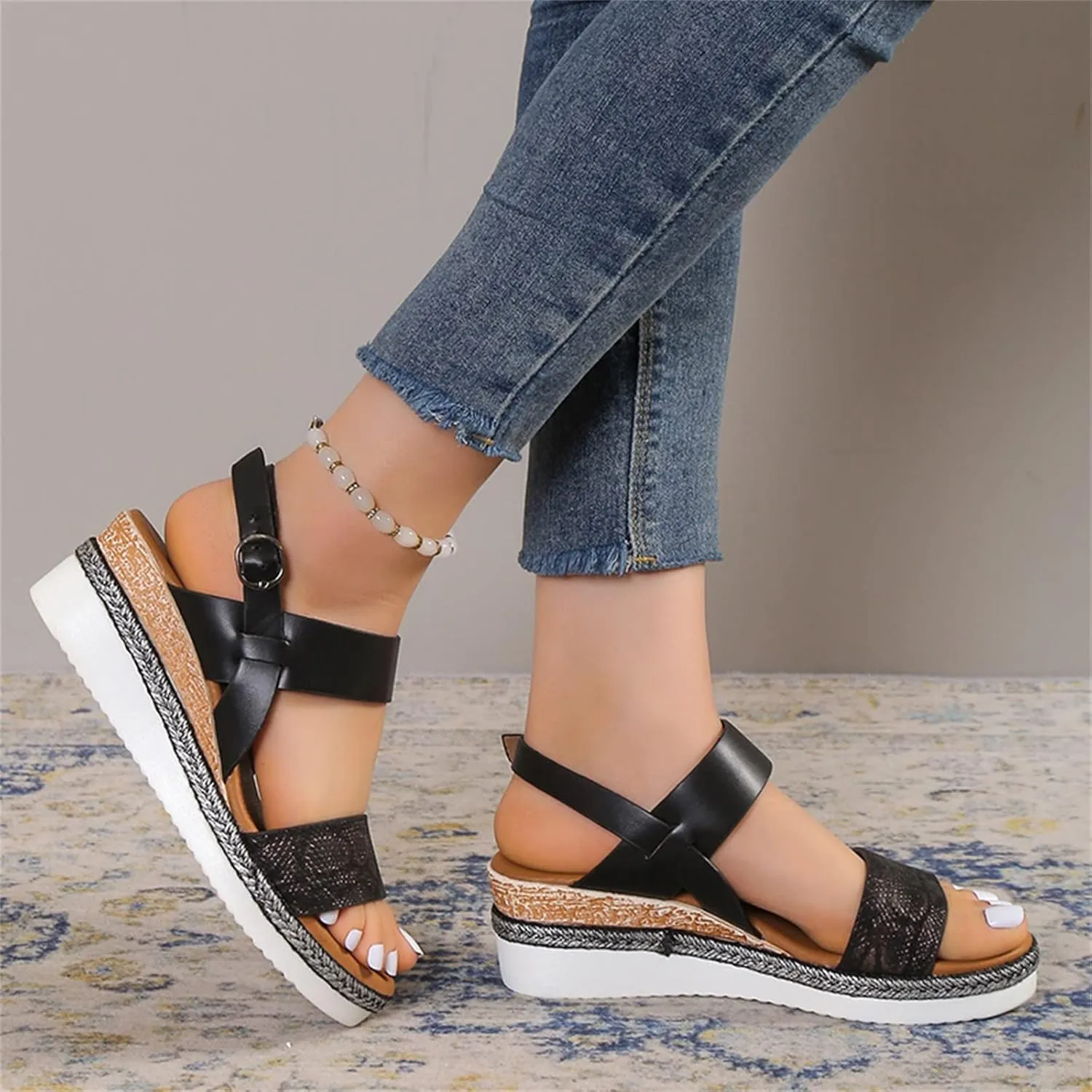 Womens Water Sandal Ladies Fashion Lines Print Leather Open Toe Buckle Sloping Heel Thick Sole Sandals (Black, 7.5)