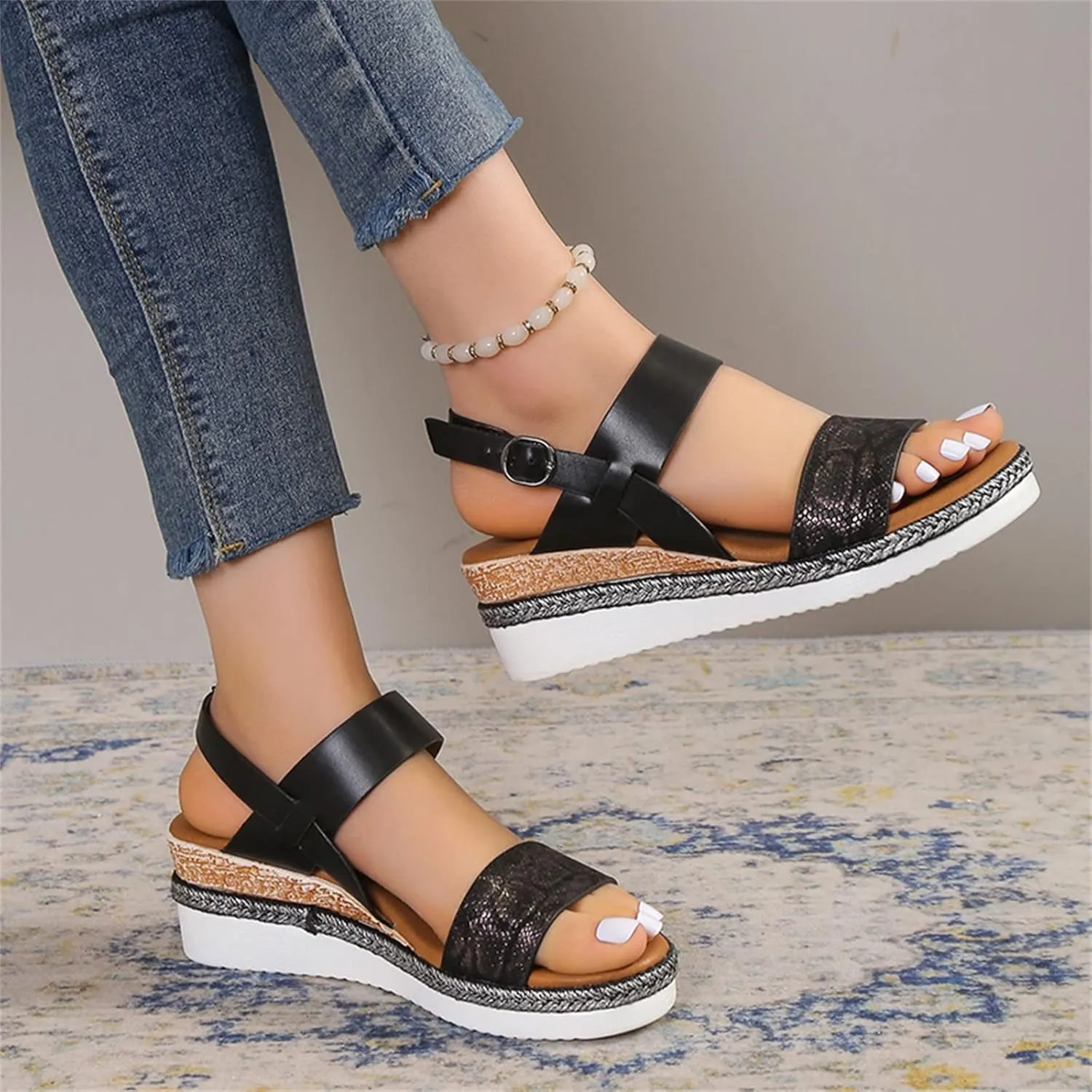 Womens Water Sandal Ladies Fashion Lines Print Leather Open Toe Buckle Sloping Heel Thick Sole Sandals (Black, 7.5)
