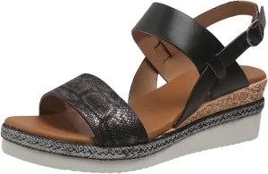 Womens Water Sandal Ladies Fashion Lines Print Leather Open Toe Buckle Sloping Heel Thick Sole Sandals (Black, 7.5)