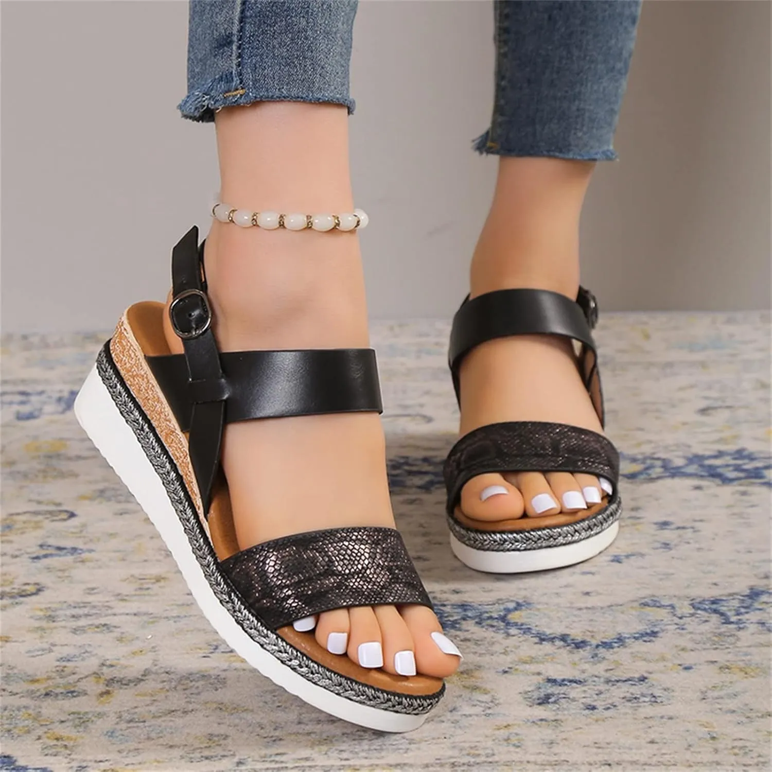 Womens Water Sandal Ladies Fashion Lines Print Leather Open Toe Buckle Sloping Heel Thick Sole Sandals (Black, 7.5)