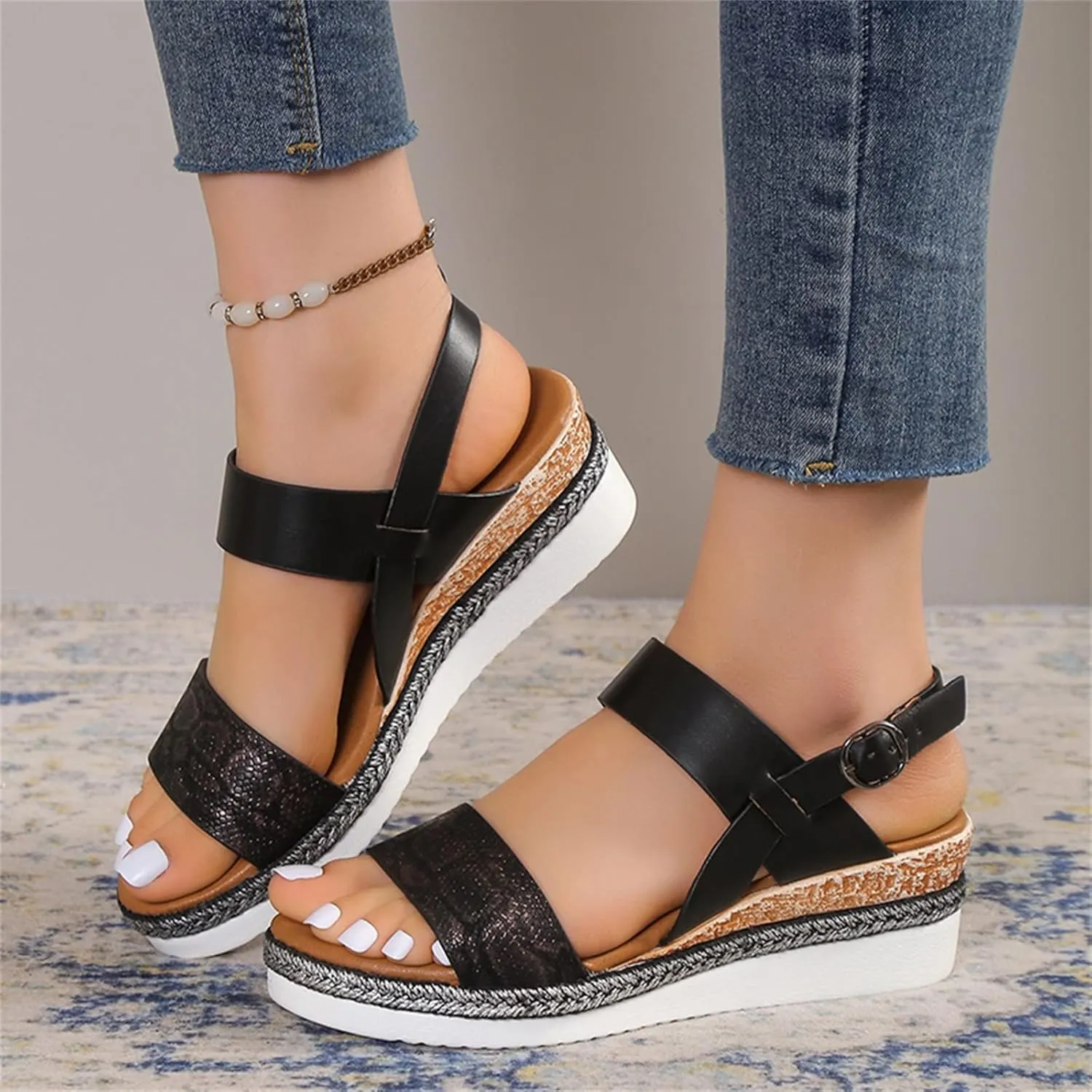 Womens Water Sandal Ladies Fashion Lines Print Leather Open Toe Buckle Sloping Heel Thick Sole Sandals (Black, 7.5)