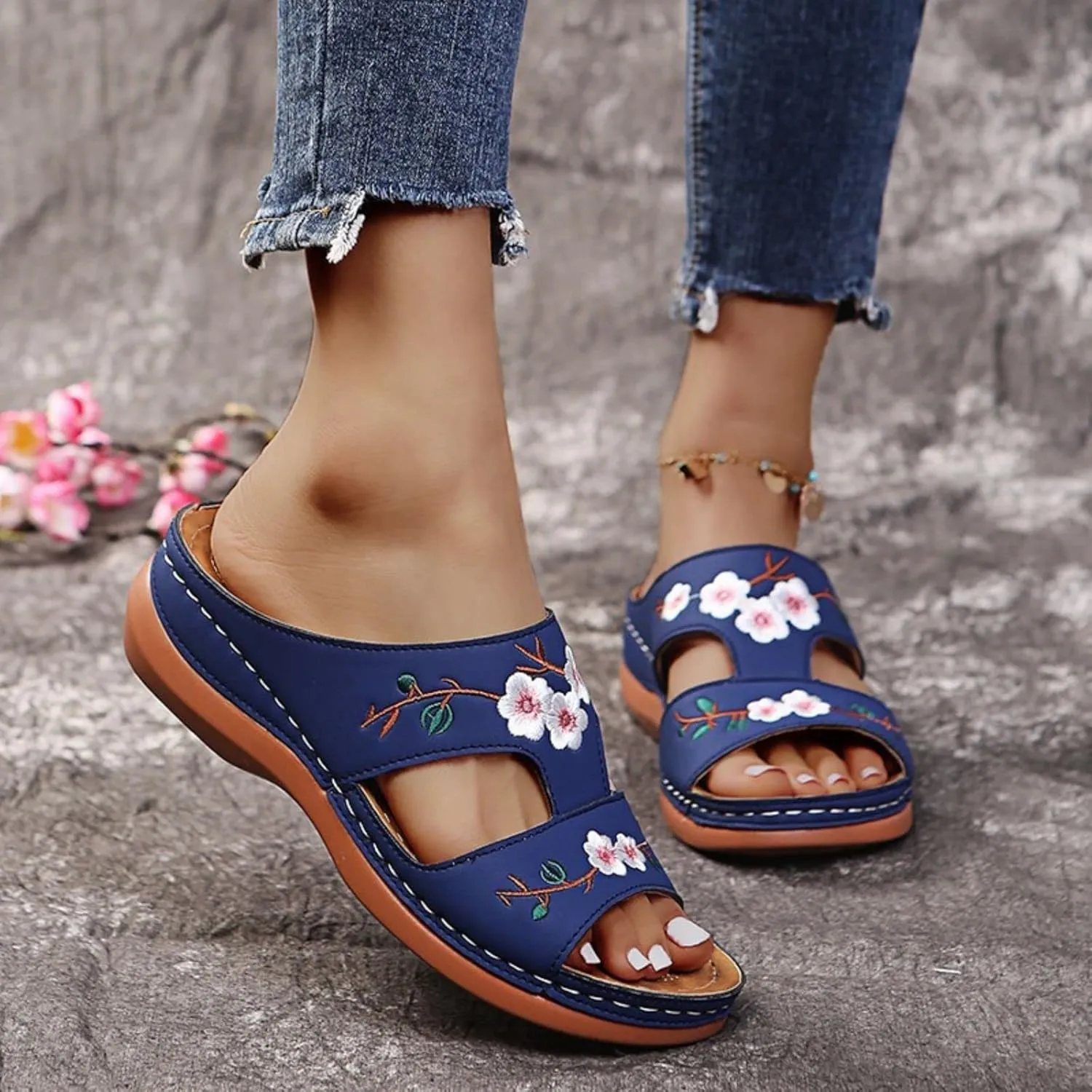 Women's Wedge Sandals Hollow Floral Embroidery With Arch Support Comfortable Orthopedic Sandal Size Plus Size Slippers