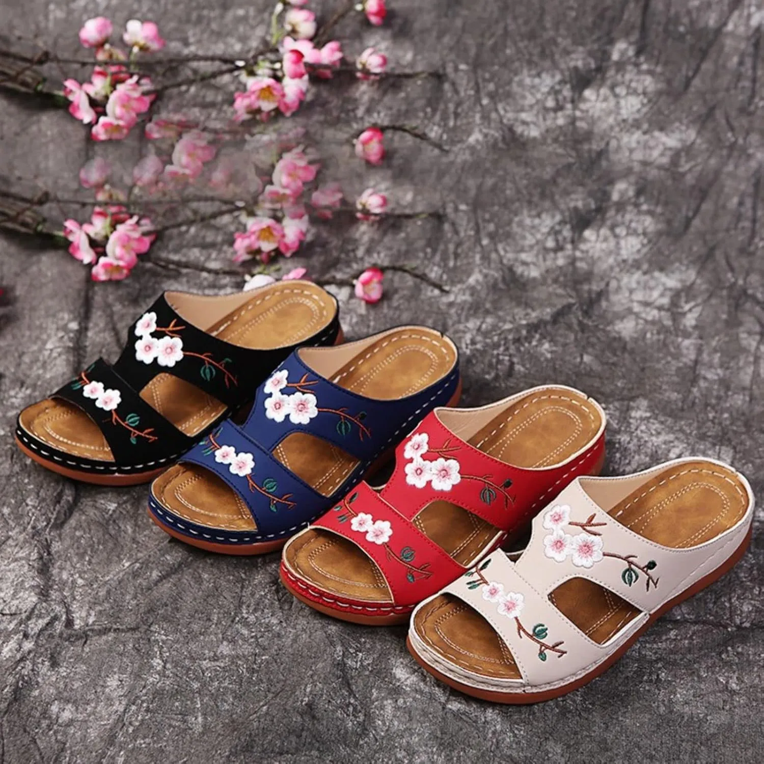 Women's Wedge Sandals Hollow Floral Embroidery With Arch Support Comfortable Orthopedic Sandal Size Plus Size Slippers