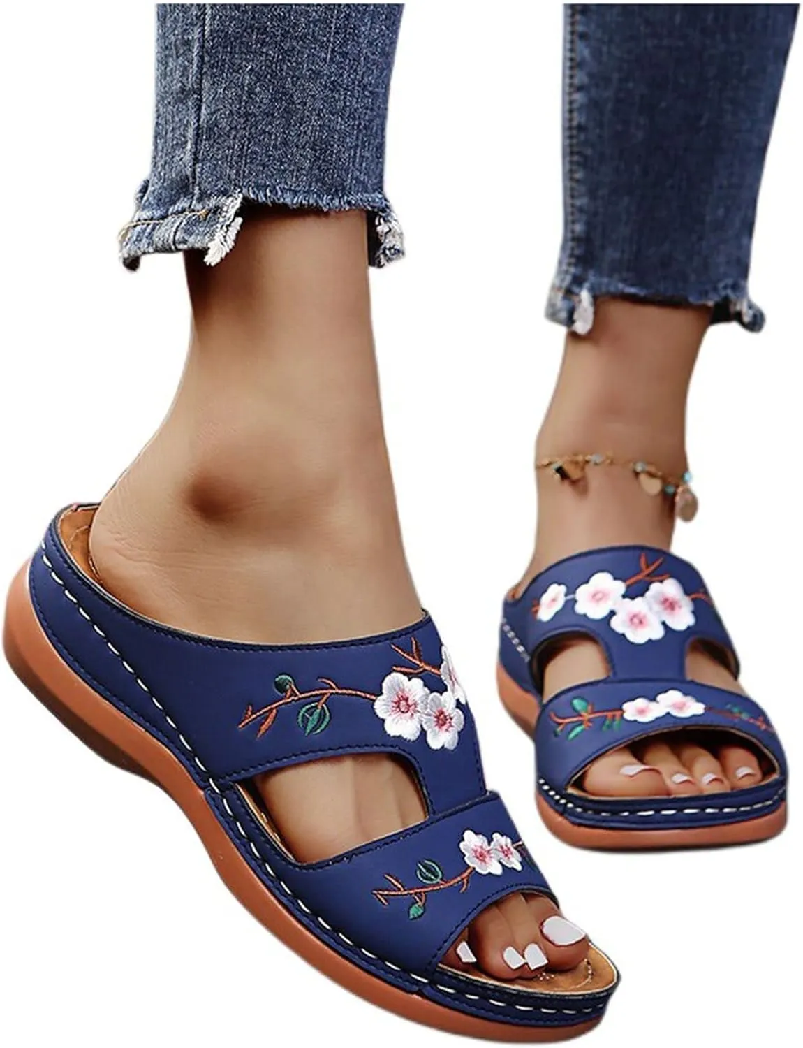 Women's Wedge Sandals Hollow Floral Embroidery With Arch Support Comfortable Orthopedic Sandal Size Plus Size Slippers