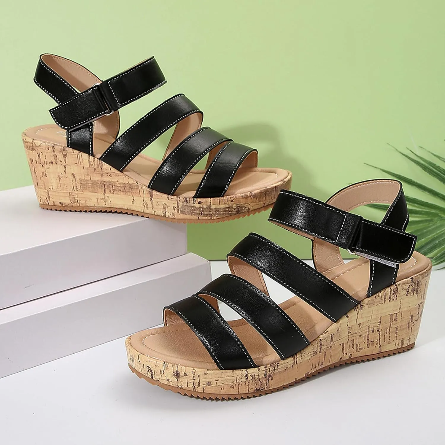 ZSpzx Women Wedge Sandals 2025,Breathable Indoor Soft Cushion Walking Footwear Arch Support Orthopedic Slides Comfortable Beach Vacation Slippers Summer Non-Slip Casual Shoe Daily Wear Hook Loop Strap