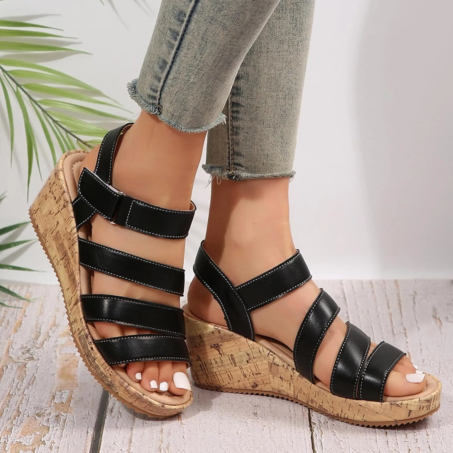 ZSpzx Women Wedge Sandals 2025,Breathable Indoor Soft Cushion Walking Footwear Arch Support Orthopedic Slides Comfortable Beach Vacation Slippers Summer Non-Slip Casual Shoe Daily Wear Hook Loop Strap