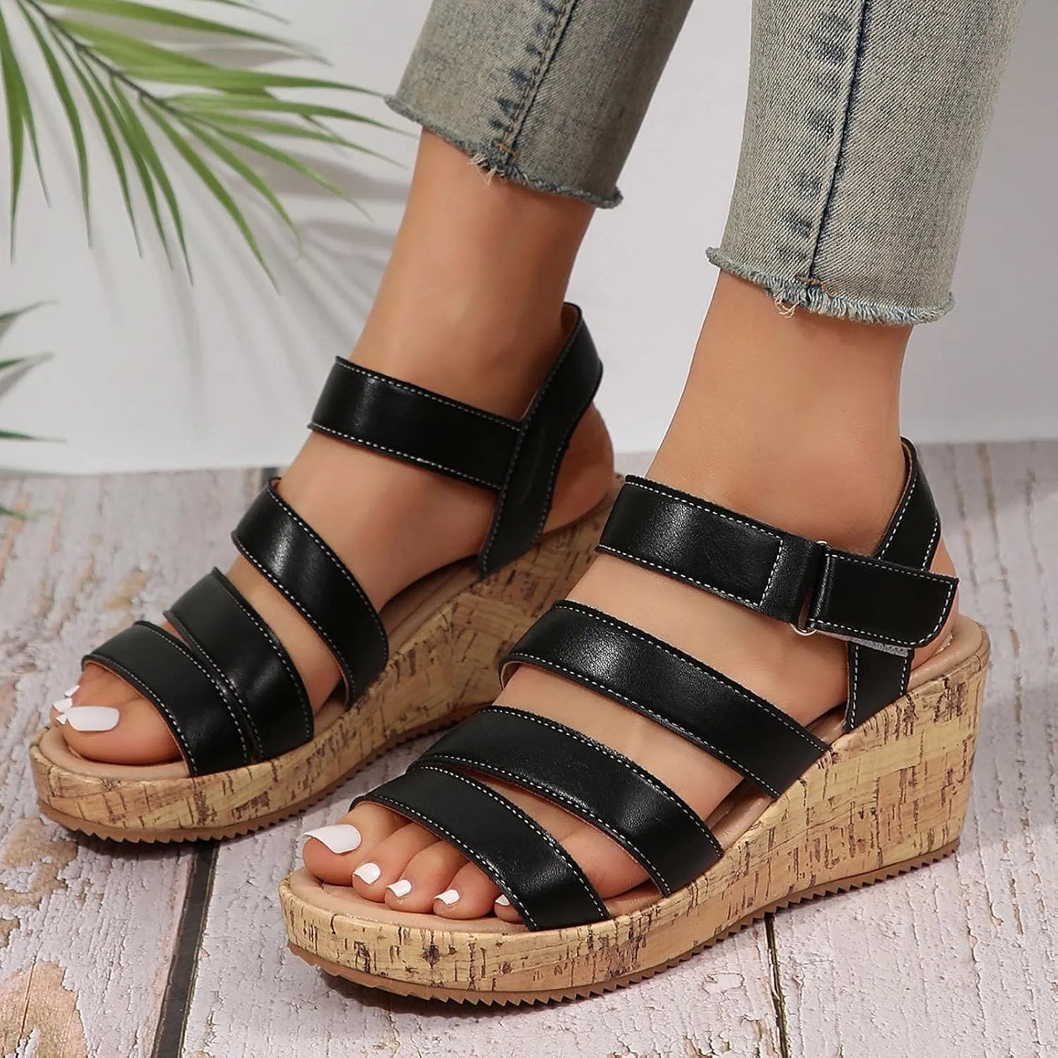 ZSpzx Women Wedge Sandals 2025,Breathable Indoor Soft Cushion Walking Footwear Arch Support Orthopedic Slides Comfortable Beach Vacation Slippers Summer Non-Slip Casual Shoe Daily Wear Hook Loop Strap