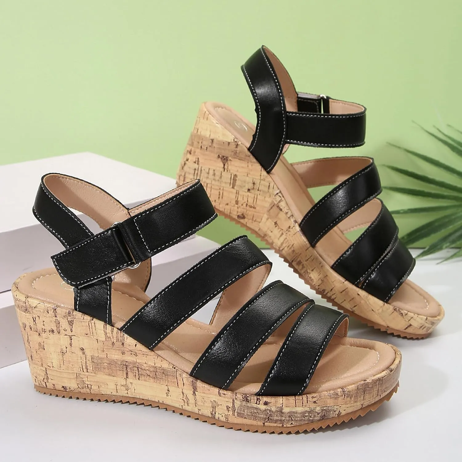 ZSpzx Women Wedge Sandals 2025,Breathable Indoor Soft Cushion Walking Footwear Arch Support Orthopedic Slides Comfortable Beach Vacation Slippers Summer Non-Slip Casual Shoe Daily Wear Hook Loop Strap