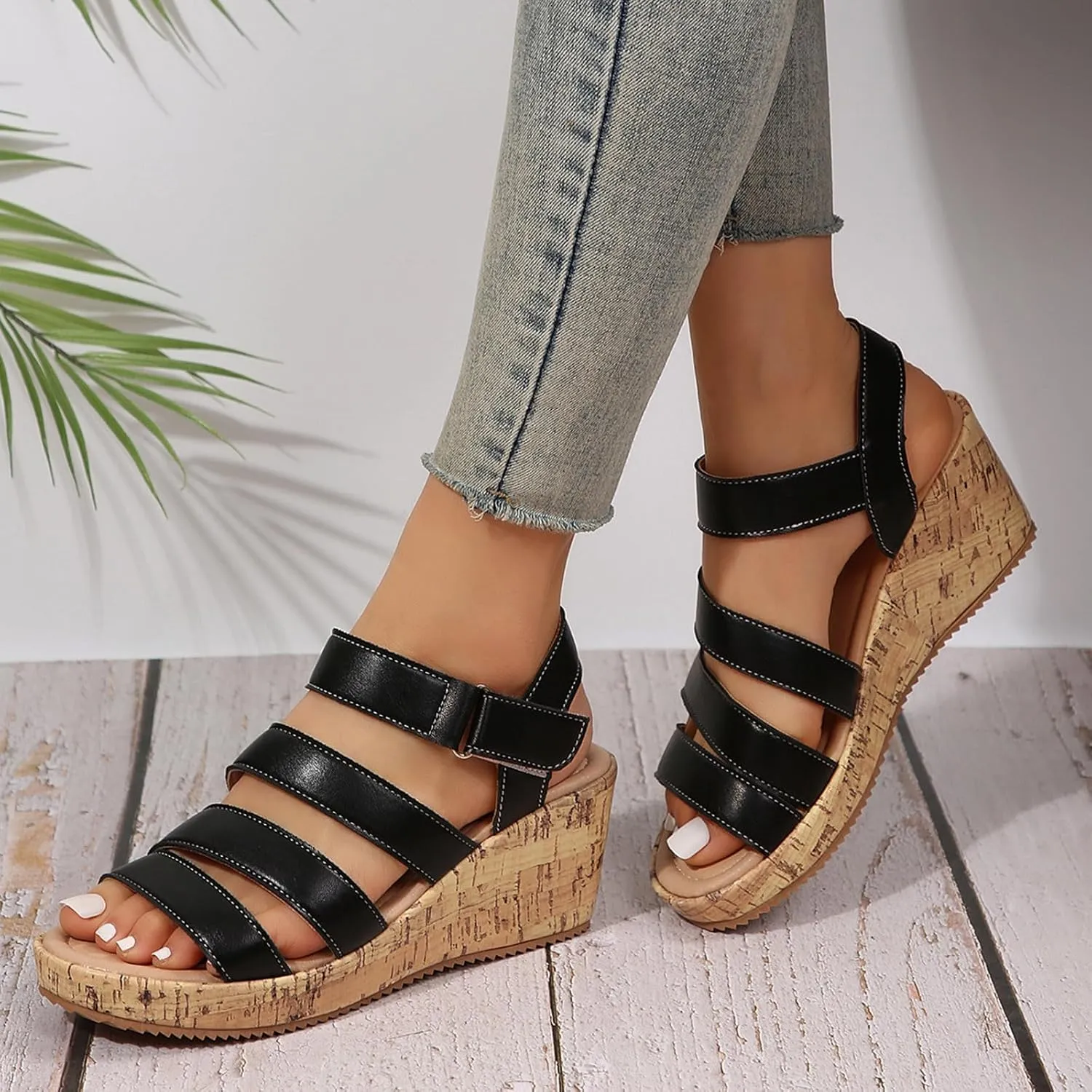 ZSpzx Women Wedge Sandals 2025,Breathable Indoor Soft Cushion Walking Footwear Arch Support Orthopedic Slides Comfortable Beach Vacation Slippers Summer Non-Slip Casual Shoe Daily Wear Hook Loop Strap