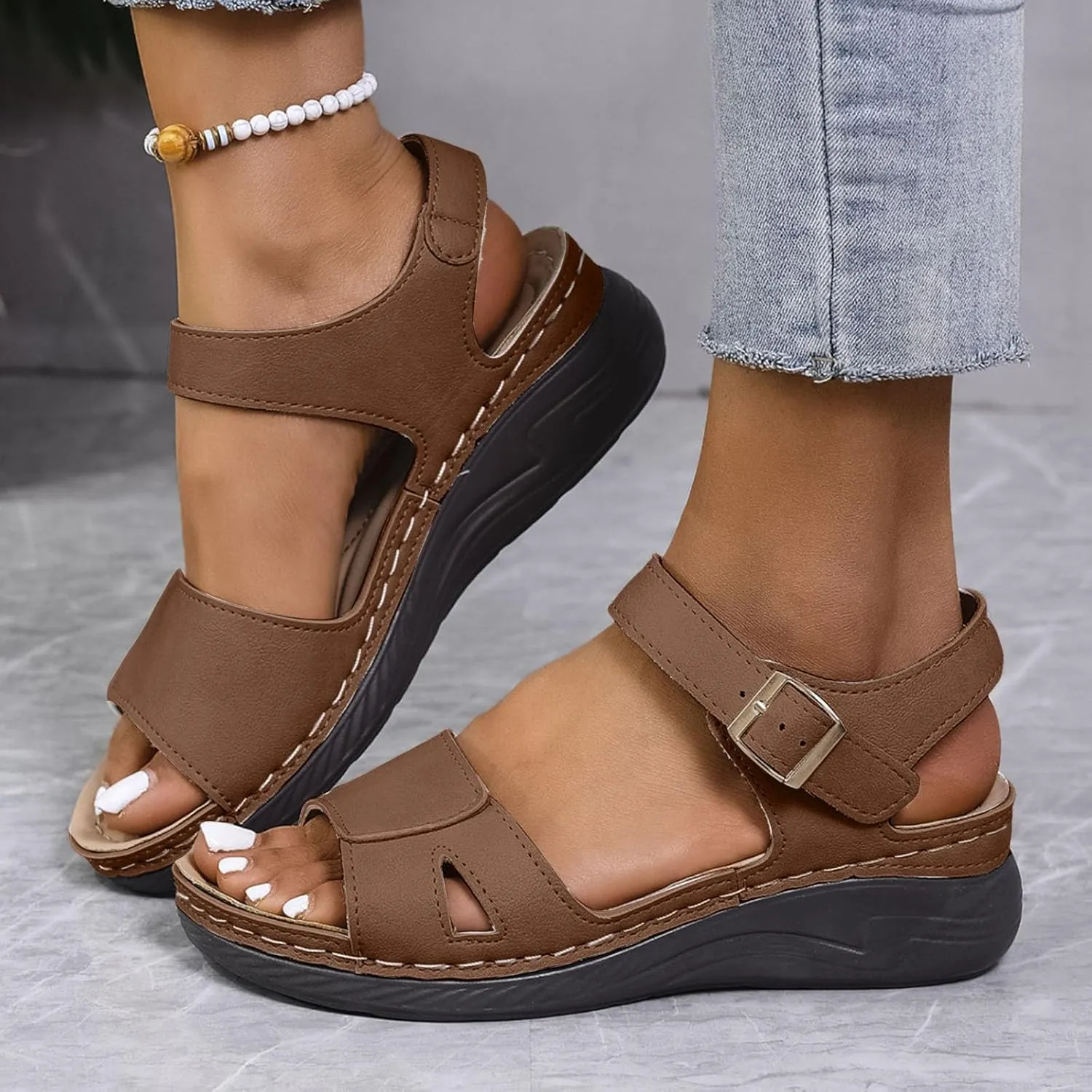 ZSpzx Women Wedge Sandals 2025,Daily Wear Soft Sole Arch Support Plantar Fasciitis Platform Orthopedic Slide Indoor/Outdoor Non-Slip Slip-On Walking Footwear Summer Slippers Peep Toe Adjustable Buckle