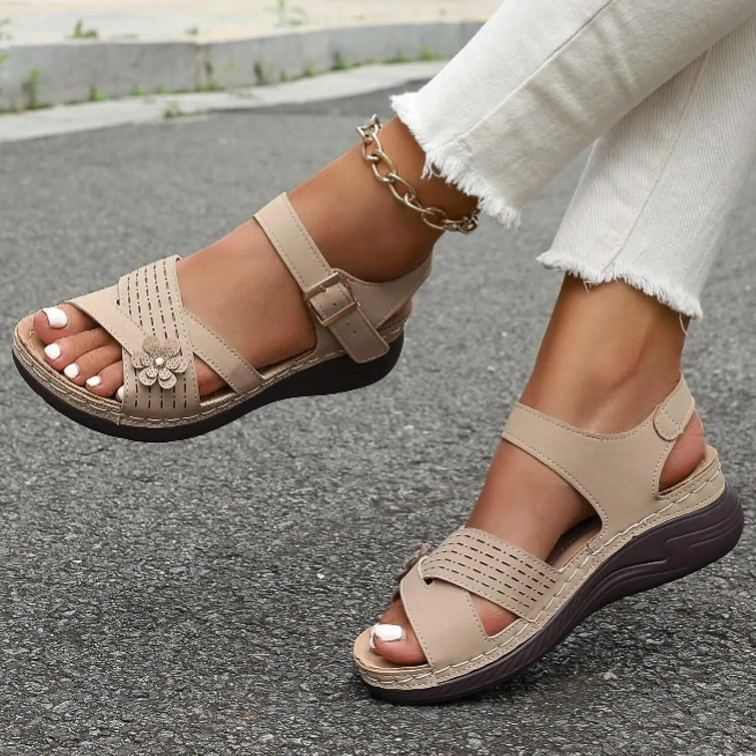 ZSpzx Women Wedge Sandals 2025,Fashion Breathable Comfortable Cute Flower Walking Footwear Arch Support Plantar Fasciitis Platform Orthopedic Slippers Summer Adjustable Buckle Slides Daily Wear