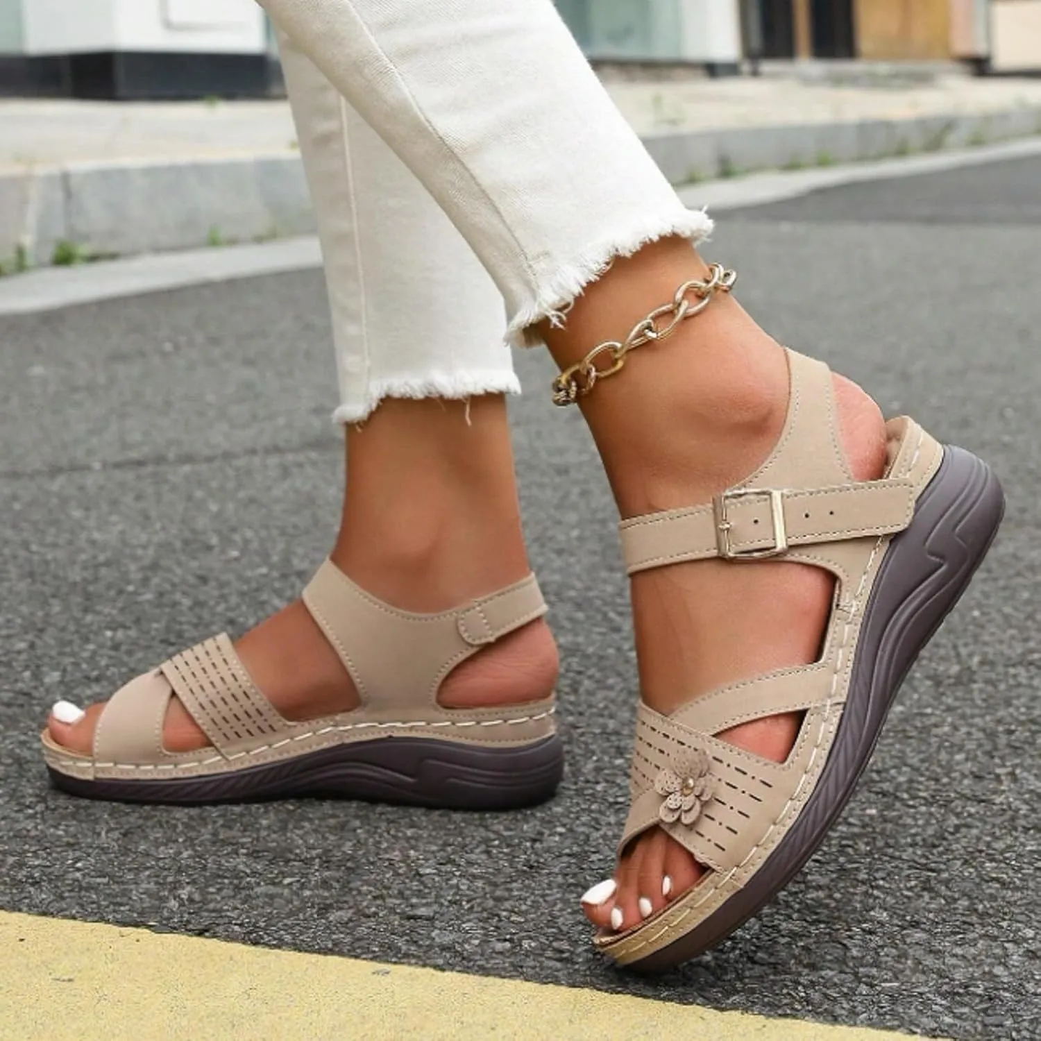 ZSpzx Women Wedge Sandals 2025,Fashion Breathable Comfortable Cute Flower Walking Footwear Arch Support Plantar Fasciitis Platform Orthopedic Slippers Summer Adjustable Buckle Slides Daily Wear