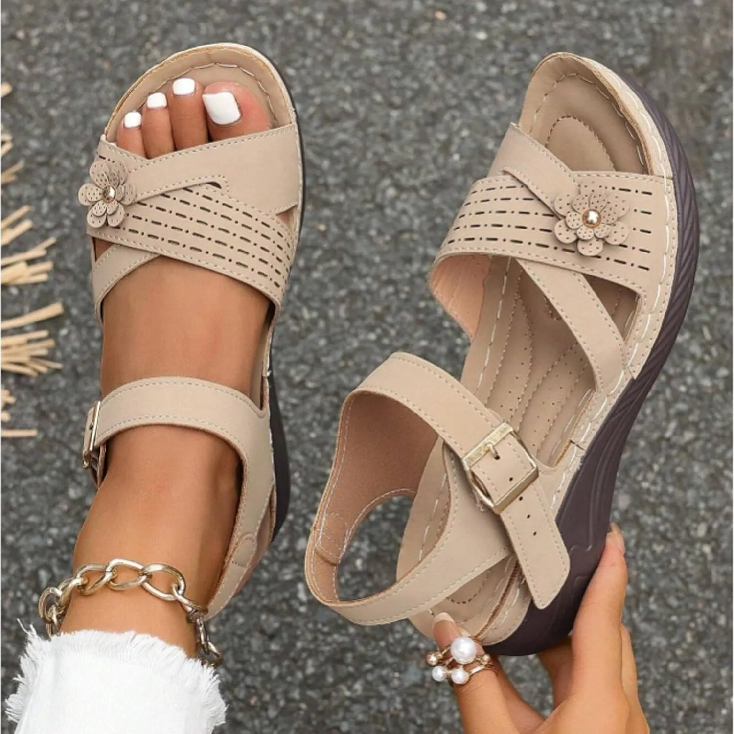 ZSpzx Women Wedge Sandals 2025,Fashion Breathable Comfortable Cute Flower Walking Footwear Arch Support Plantar Fasciitis Platform Orthopedic Slippers Summer Adjustable Buckle Slides Daily Wear