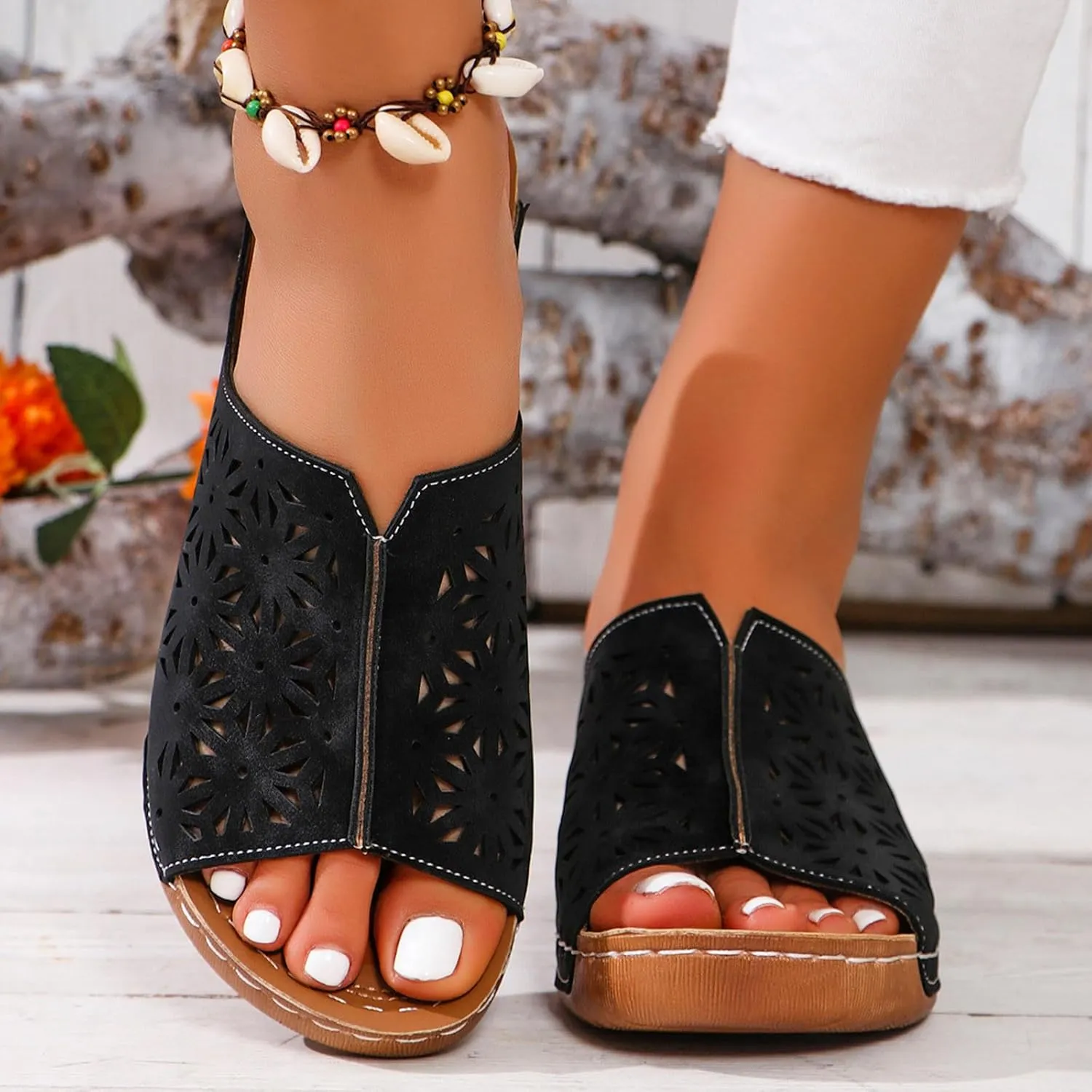 ZSpzx Women Wedge Sandals 2025,Fashion Cut-Out Arch Support Orthopedic Slides Breathable Comfortable Ladies Dress Casual Shoe Plantar Fasciitis Slippers Soft Cushion Daily Wear Beach Vacation Shoes