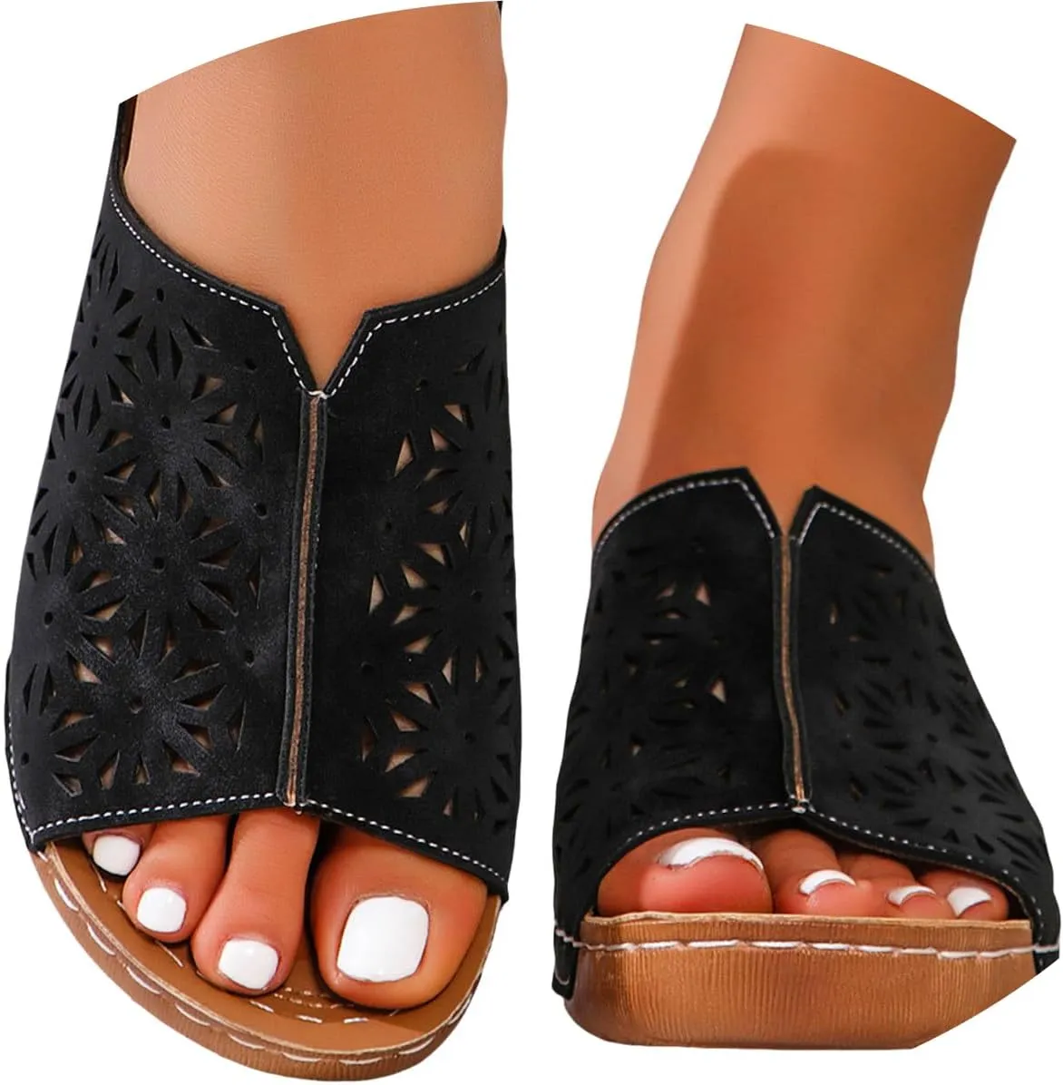 ZSpzx Women Wedge Sandals 2025,Fashion Cut-Out Arch Support Orthopedic Slides Breathable Comfortable Ladies Dress Casual Shoe Plantar Fasciitis Slippers Soft Cushion Daily Wear Beach Vacation Shoes