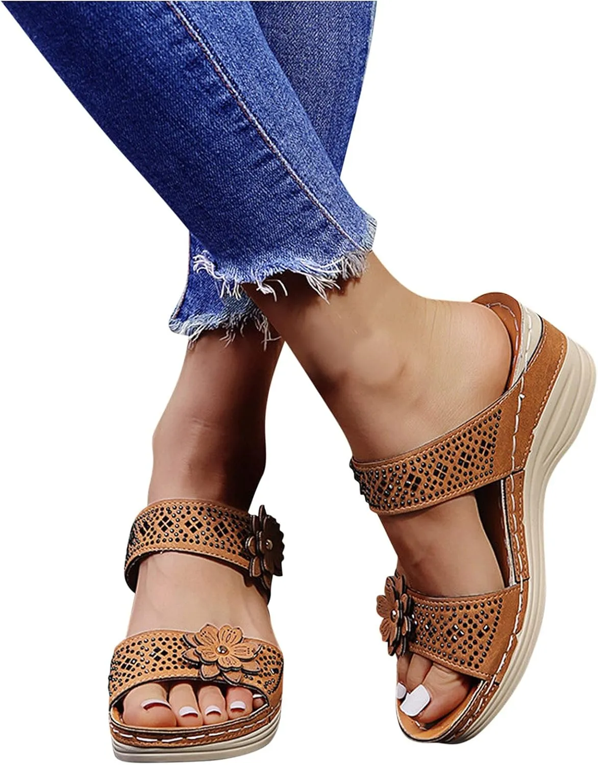 ZSpzx Women Wedge Sandals 2025,Fashion Flower Beach Vacation Casual Shoe Indoor/Outdoor Breathable Non-Slip Walking Footwear Comfortable Arch Support Orthopedic Slip-On Slides Daily Wear Summer